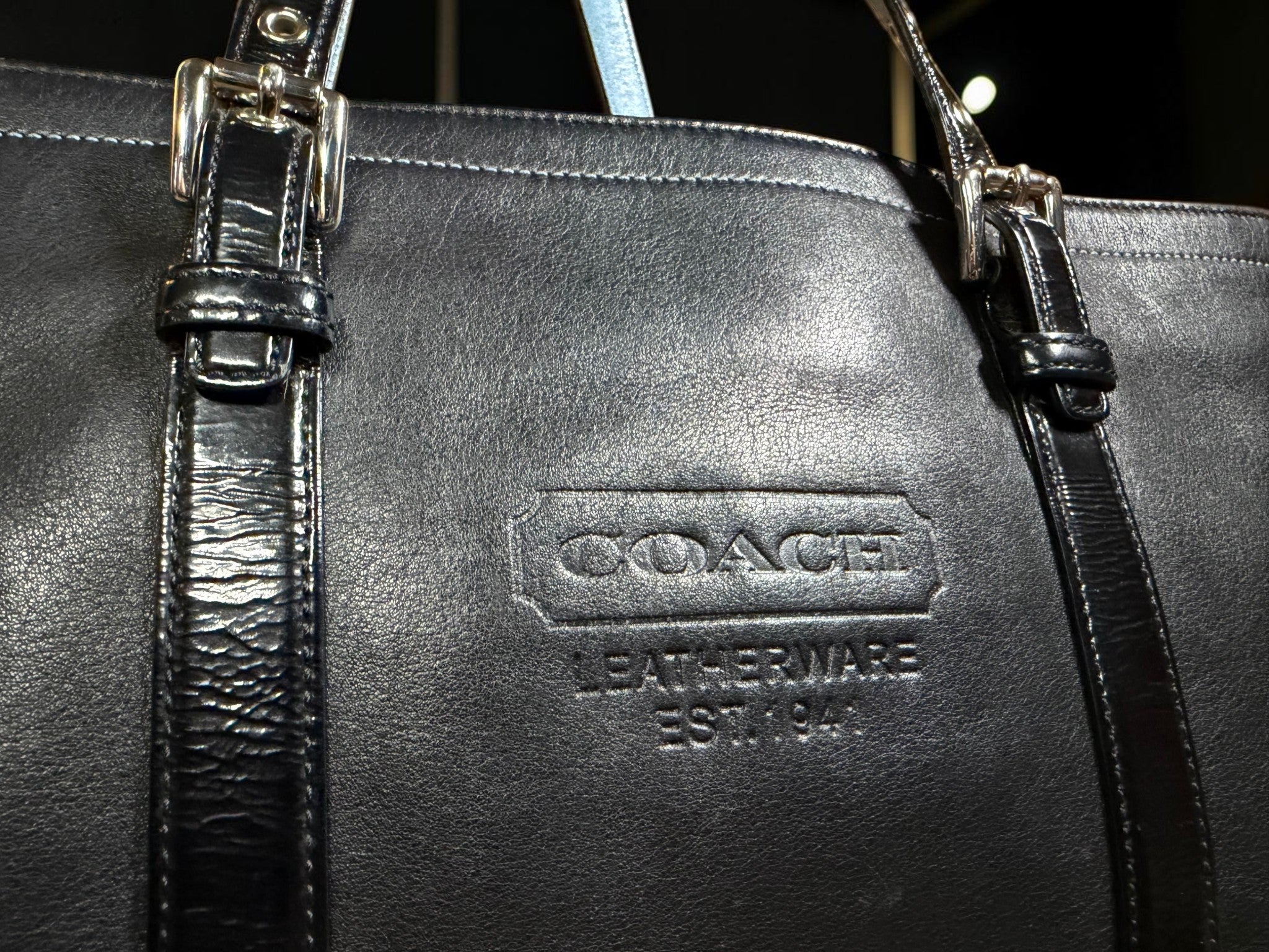 Coach Gallery Tote Bag in Black Leather with Light Blue handles (9237)