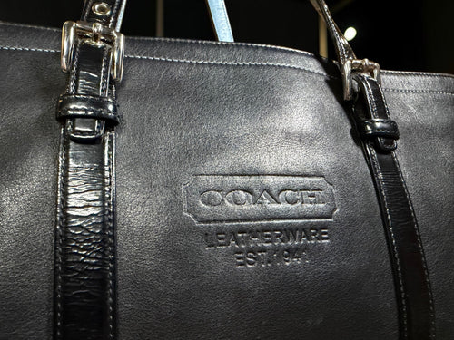 Coach Gallery Tote Bag in Black Leather with Light Blue handles (9237)