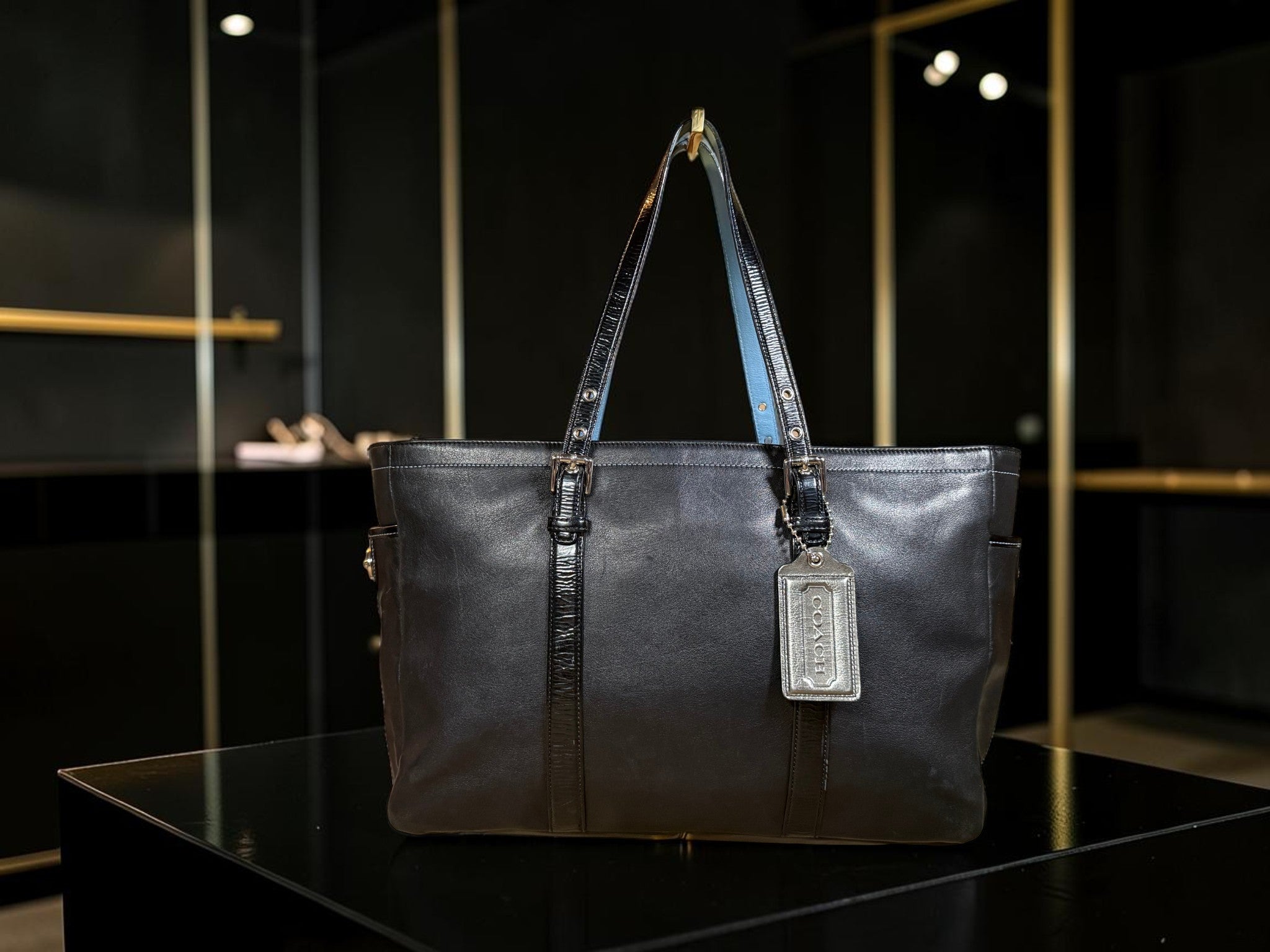 Coach Gallery Tote Bag in Black Leather with Light Blue handles (9237)