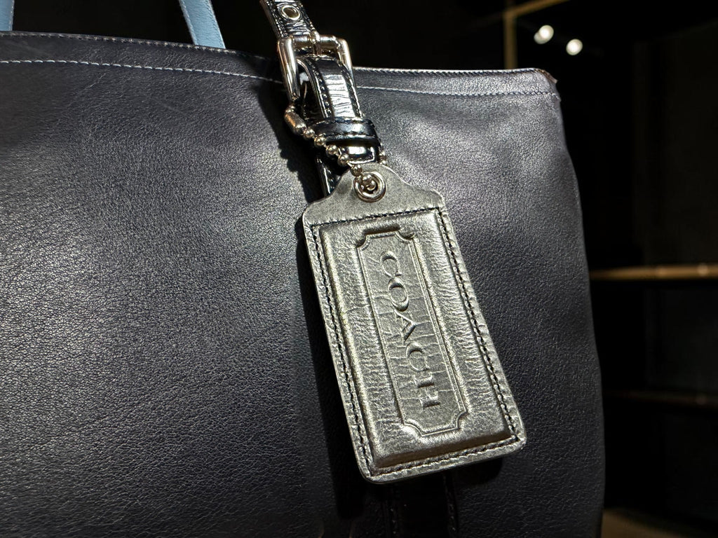 Coach Gallery Tote Bag in Black Leather with Light Blue handles (9237)