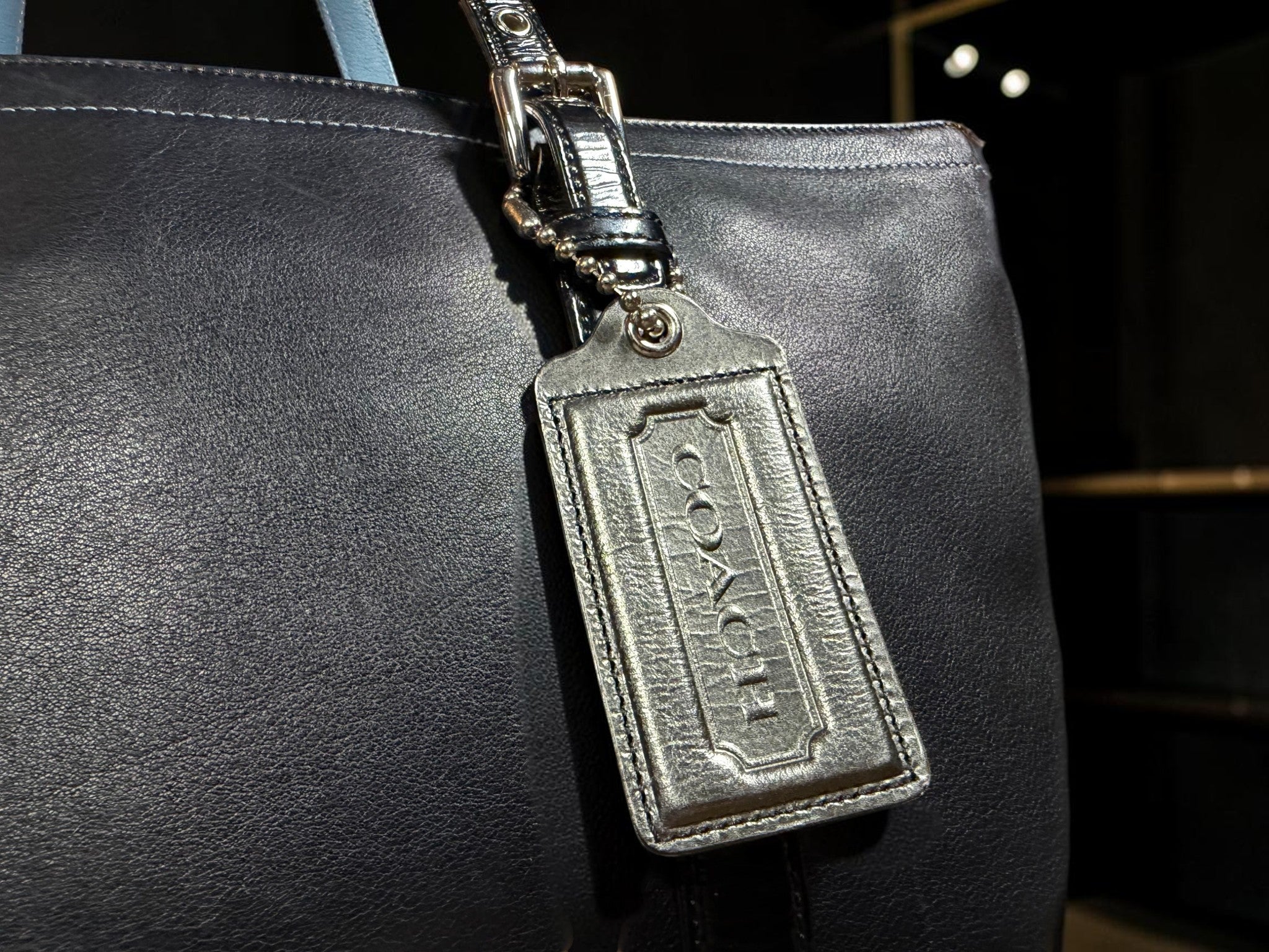 Coach Gallery Tote Bag in Black Leather with Light Blue handles (9237)