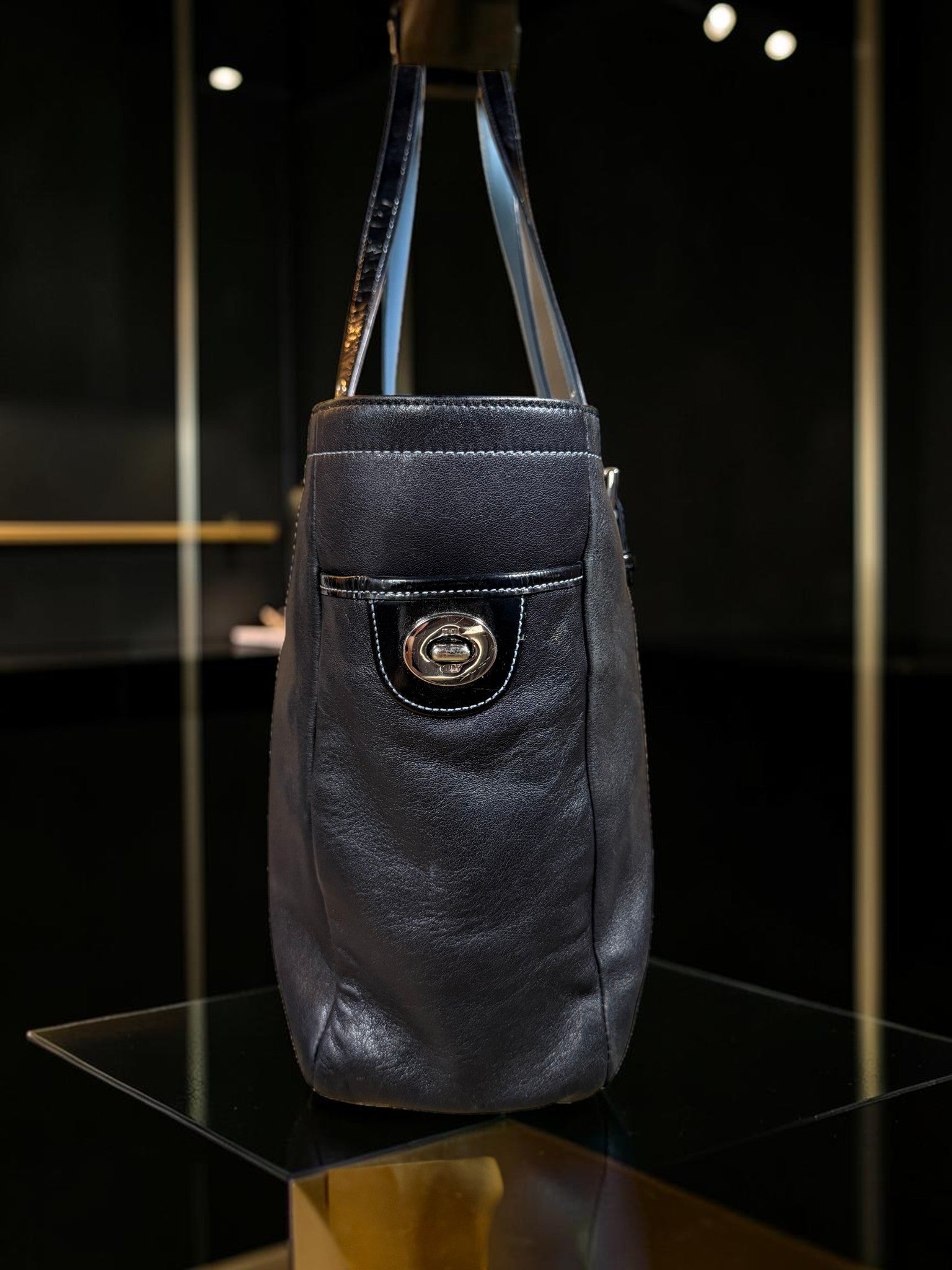 Coach Gallery Tote Bag in Black Leather with Light Blue handles (9237)