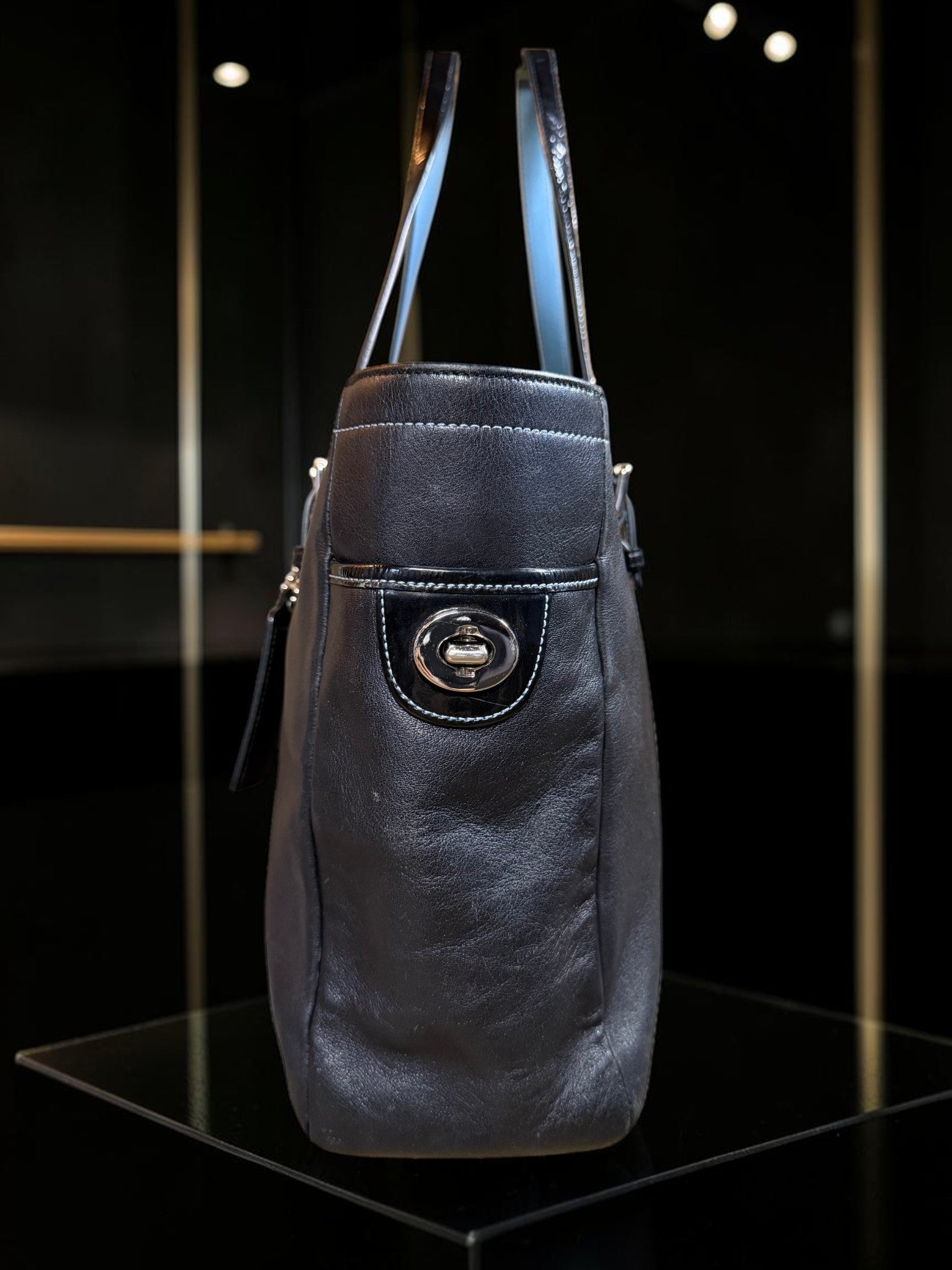 Coach Gallery Tote Bag in Black Leather with Light Blue handles (9237)