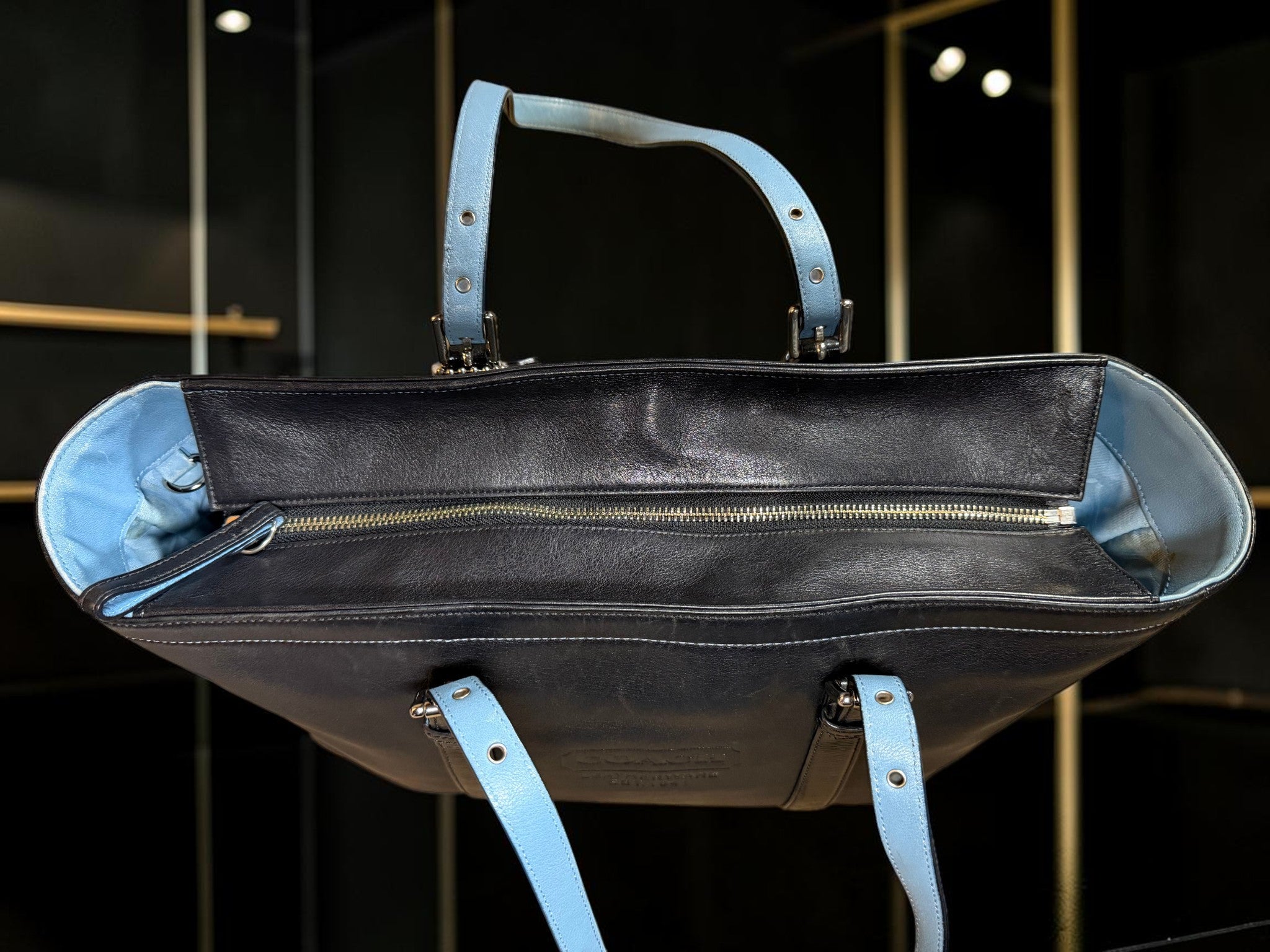 Coach Gallery Tote Bag in Black Leather with Light Blue handles (9237)
