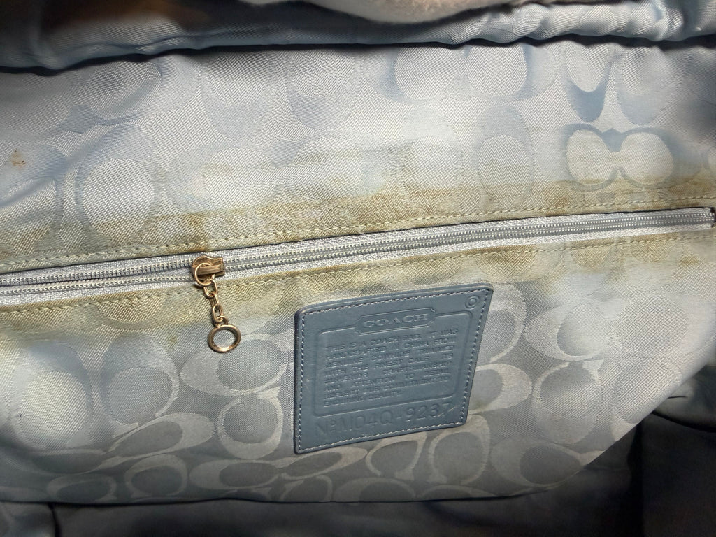 Coach Gallery Tote Bag in Black Leather with Light Blue handles (9237)