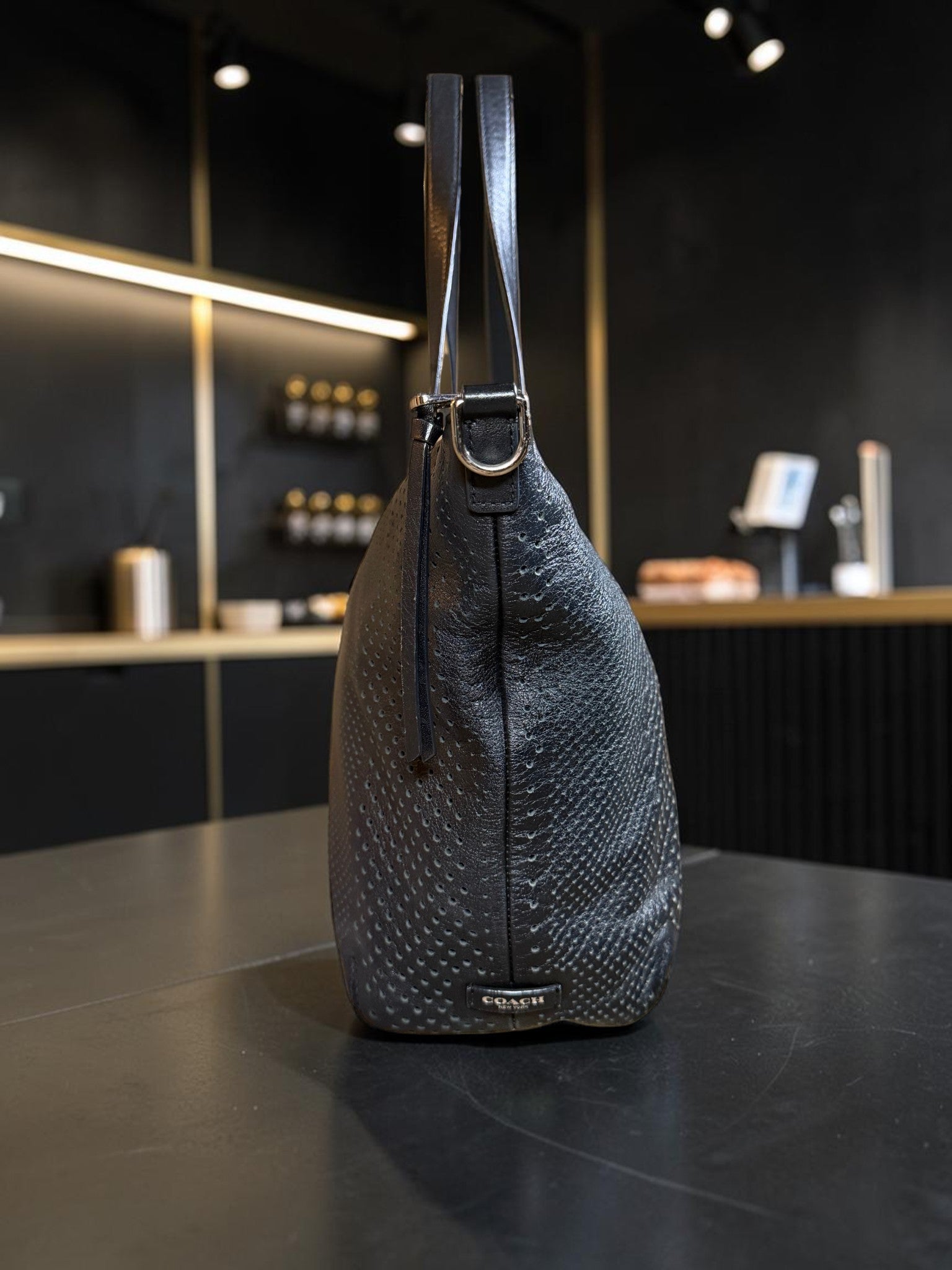 Coach Bleecker Cooper Hobo Bag in Black Perforated Leather