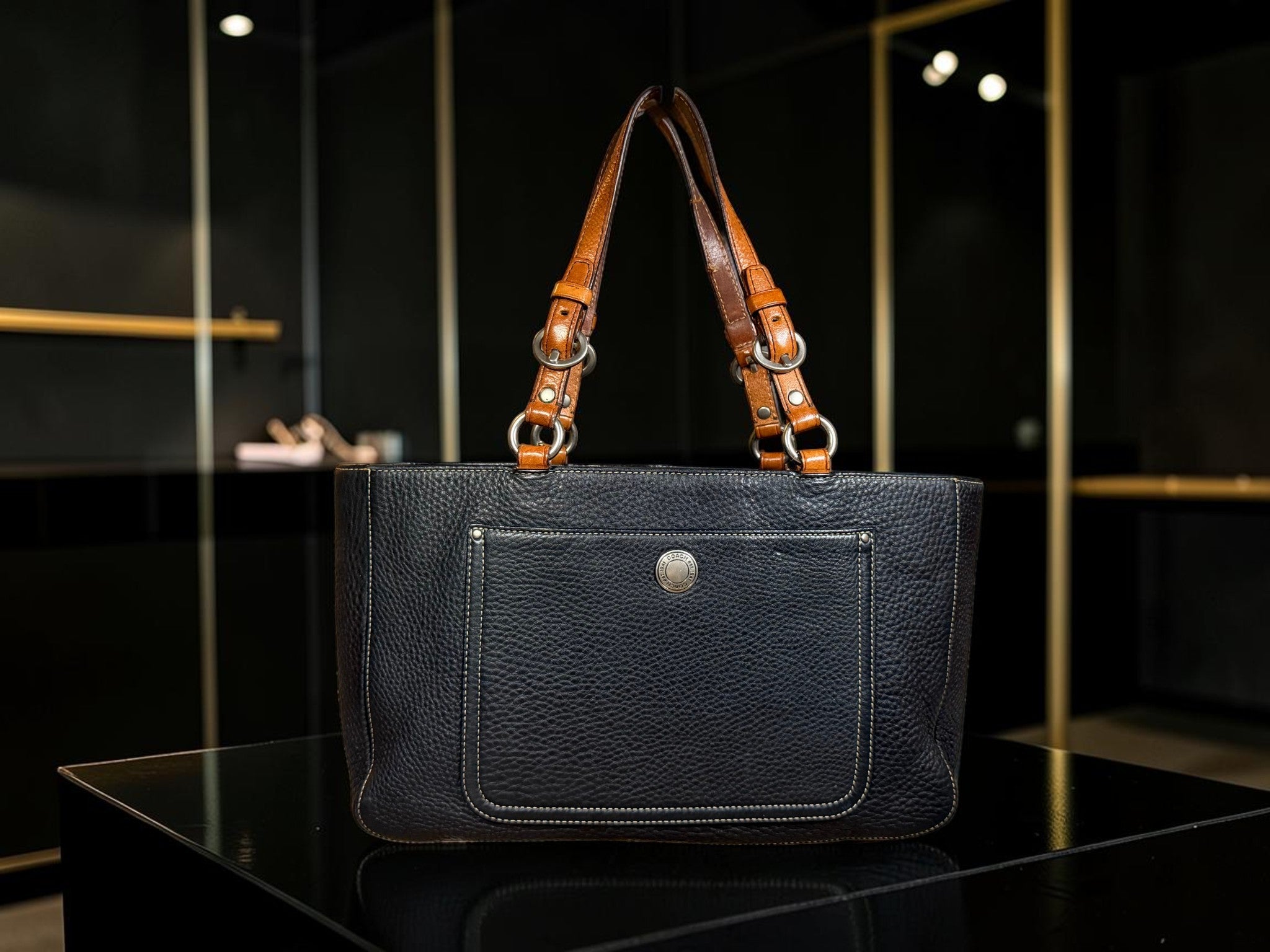 Coach Chelsea Pebbled Leather Tote – Black with Cognac Chain Handles