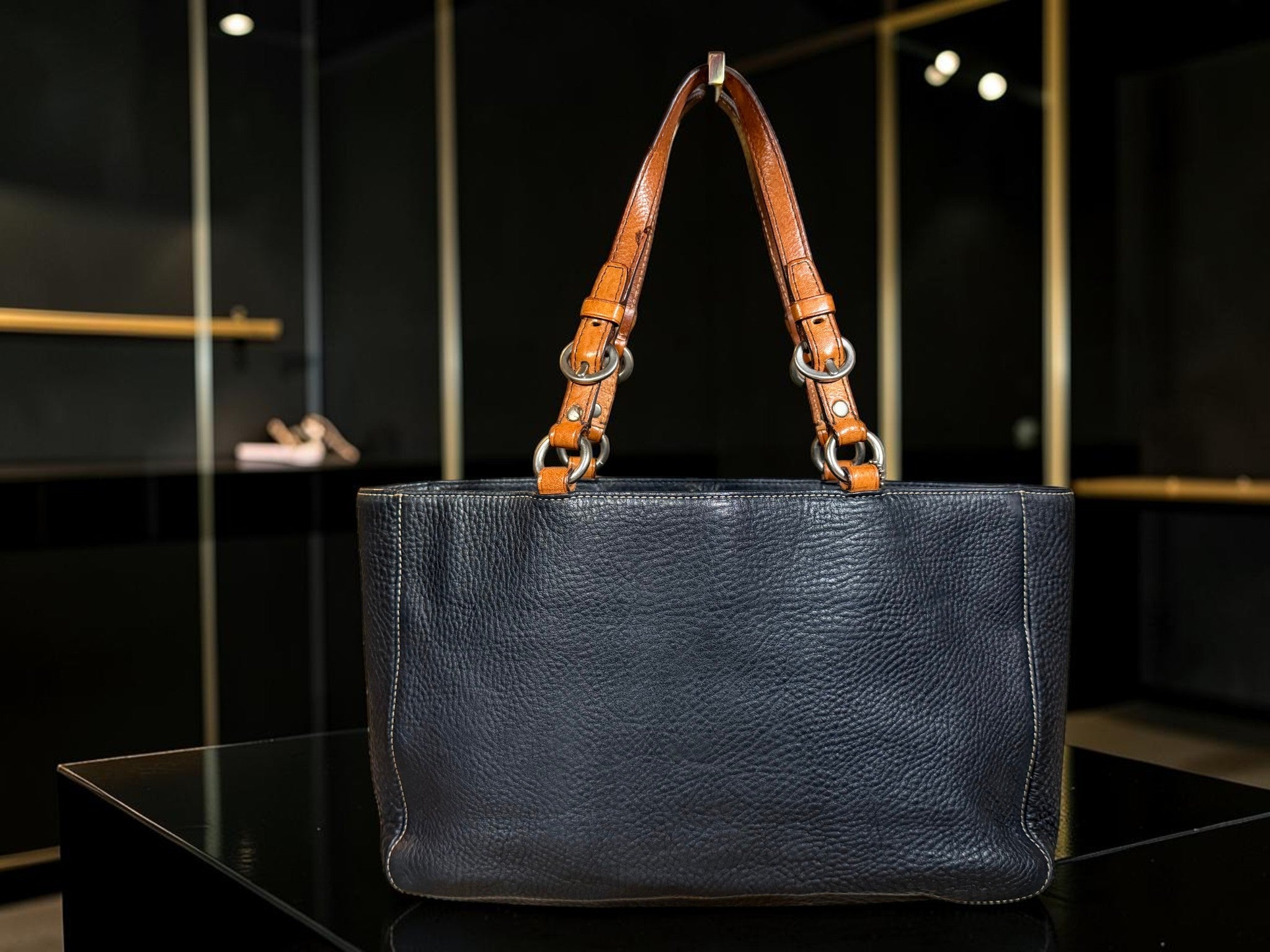 Coach Chelsea Pebbled Leather Tote – Black with Cognac Chain Handles