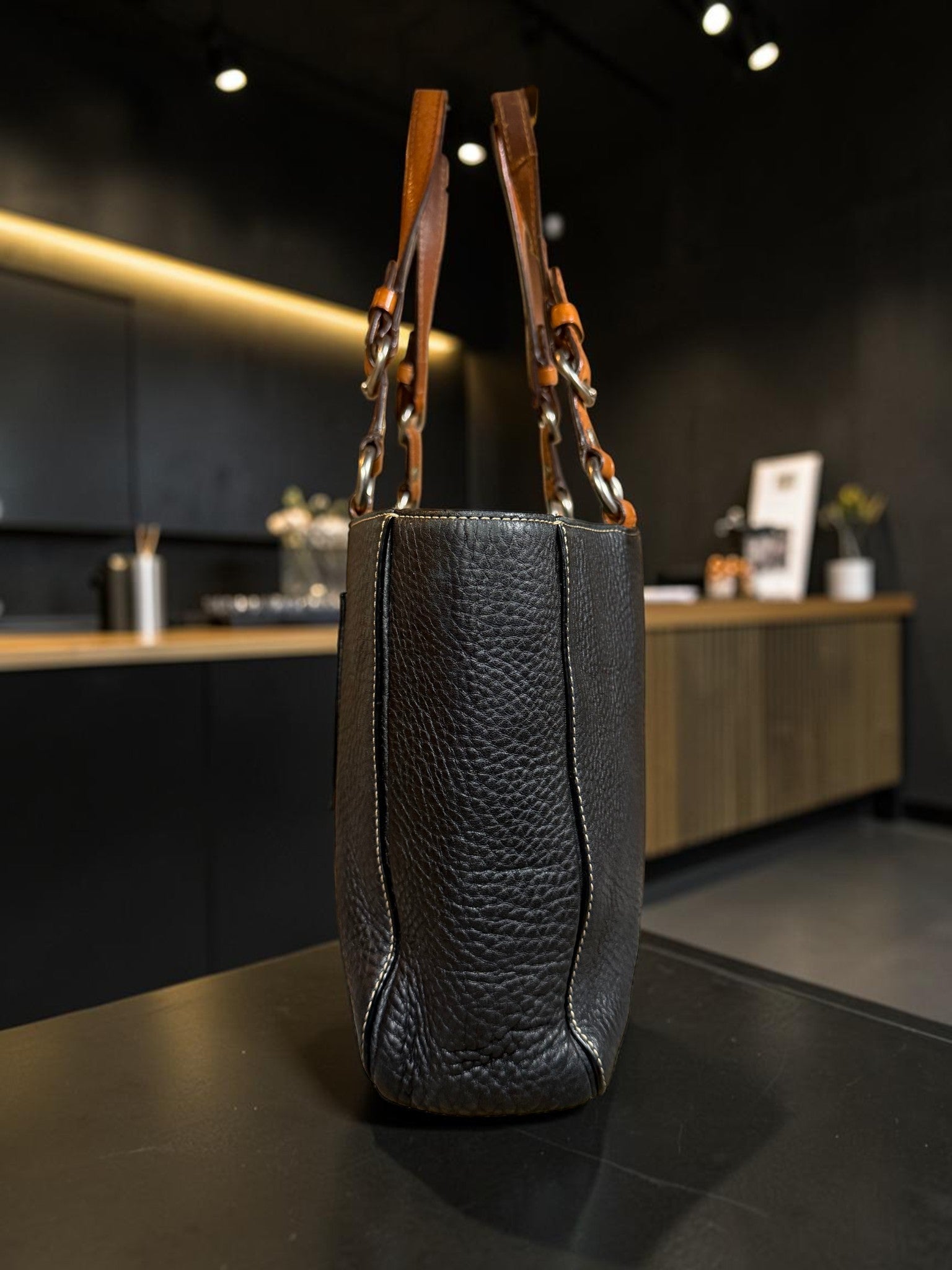 Coach Chelsea Pebbled Leather Tote – Black with Cognac Chain Handles