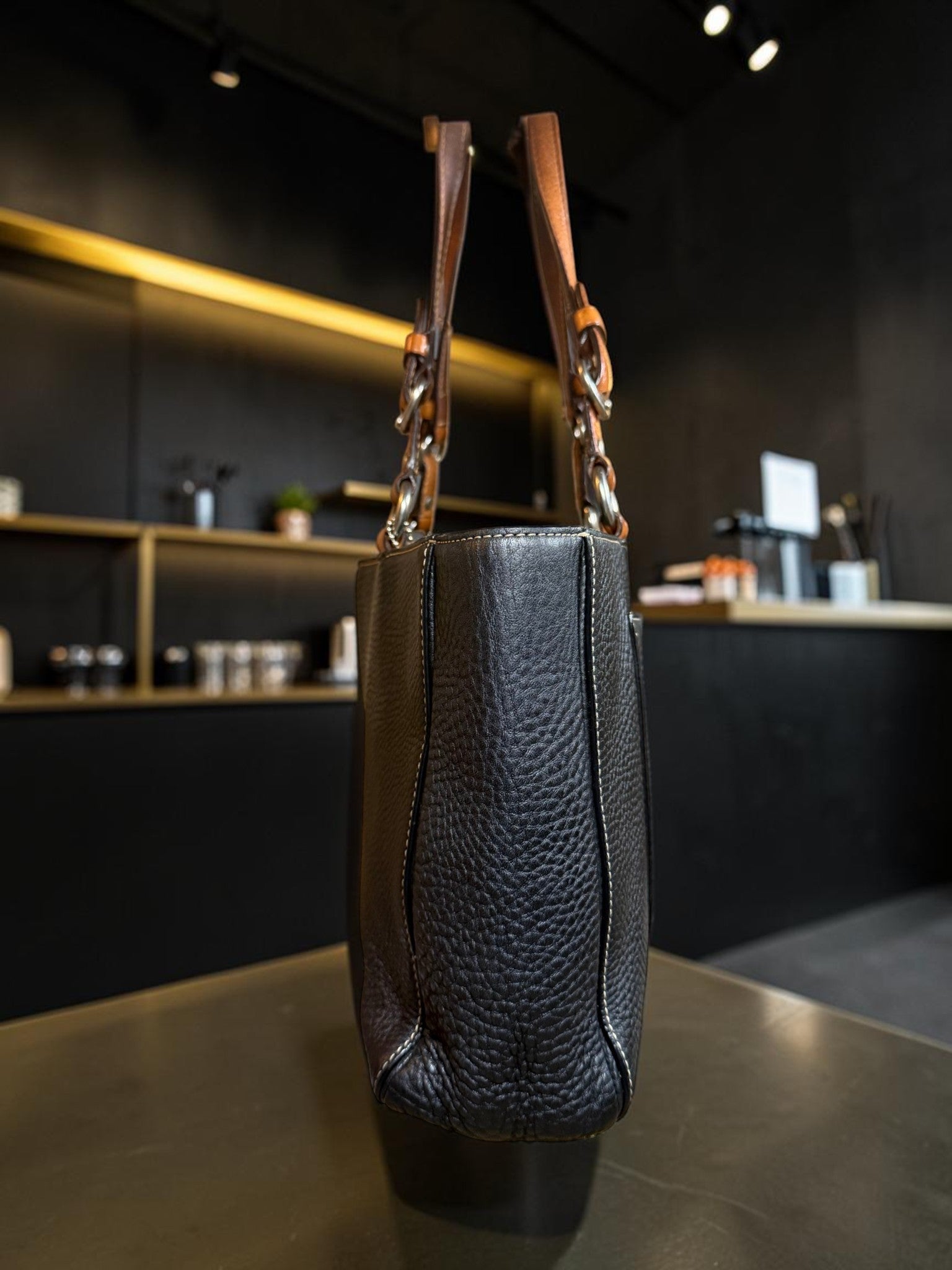 Coach Chelsea Pebbled Leather Tote – Black with Cognac Chain Handles