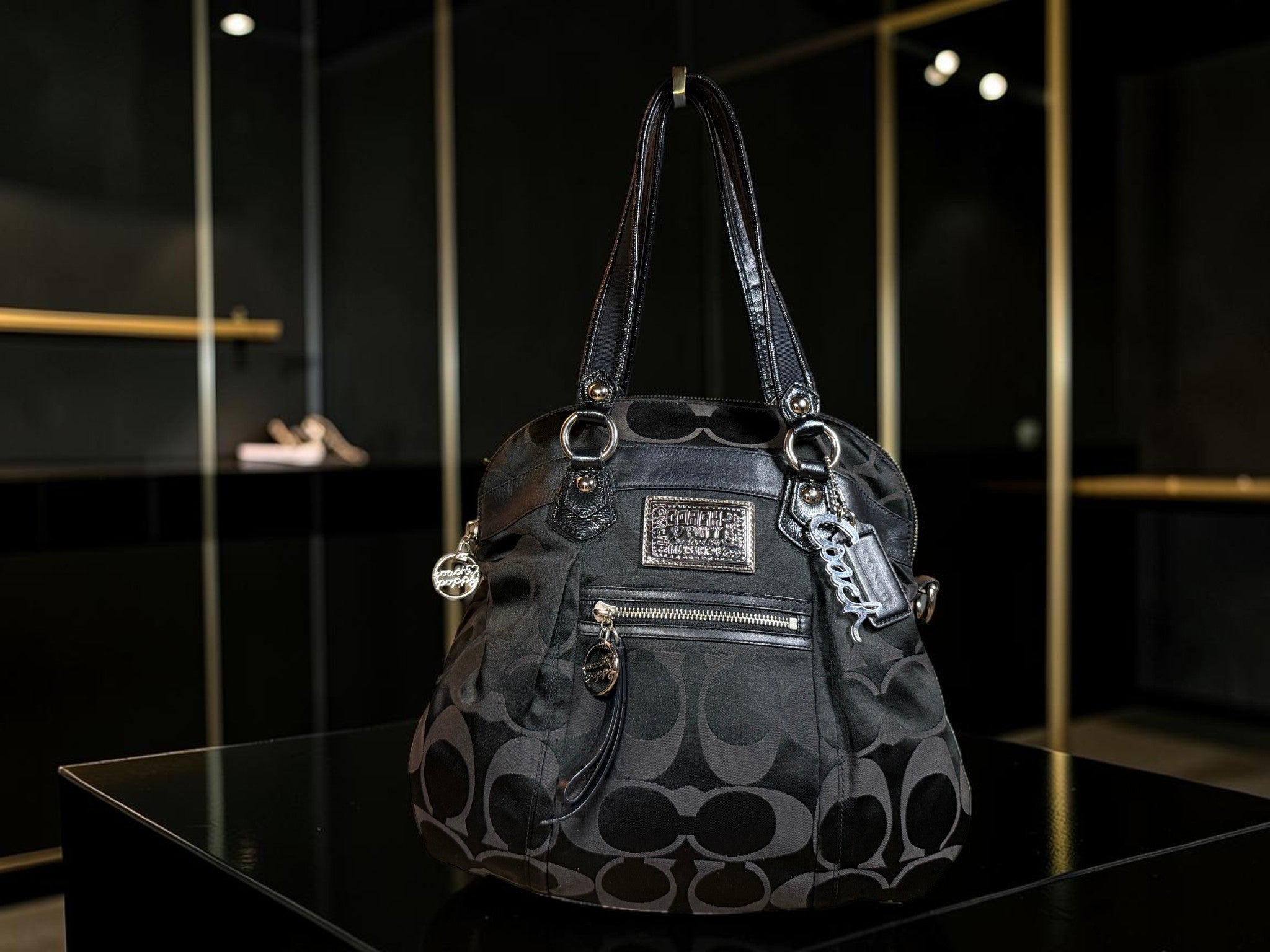 Coach Poppy Glam Tote – Signature Monogram with Black Leather Trim