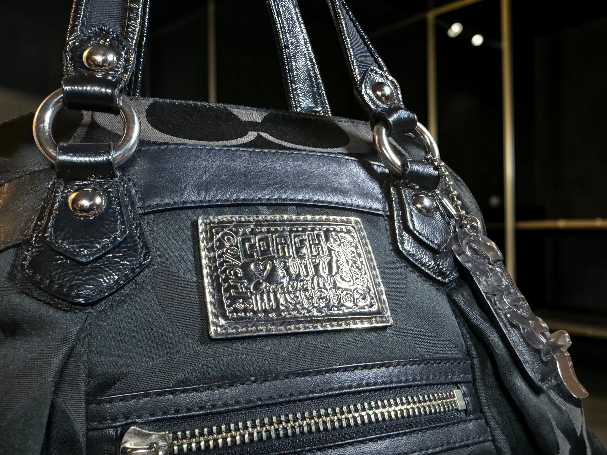 Coach Poppy Glam Tote – Signature Monogram with Black Leather Trim