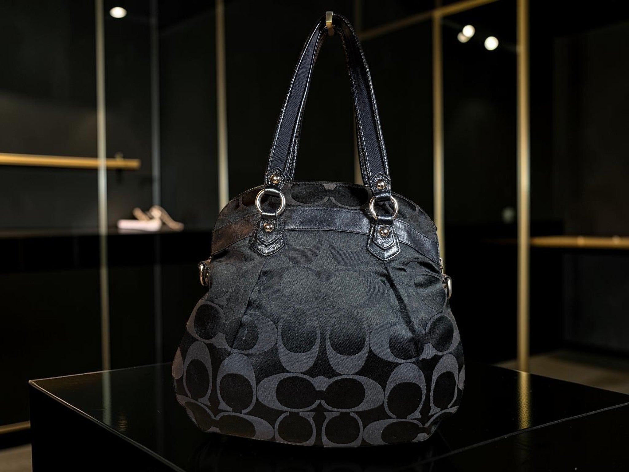 Coach Poppy Glam Tote – Signature Monogram with Black Leather Trim