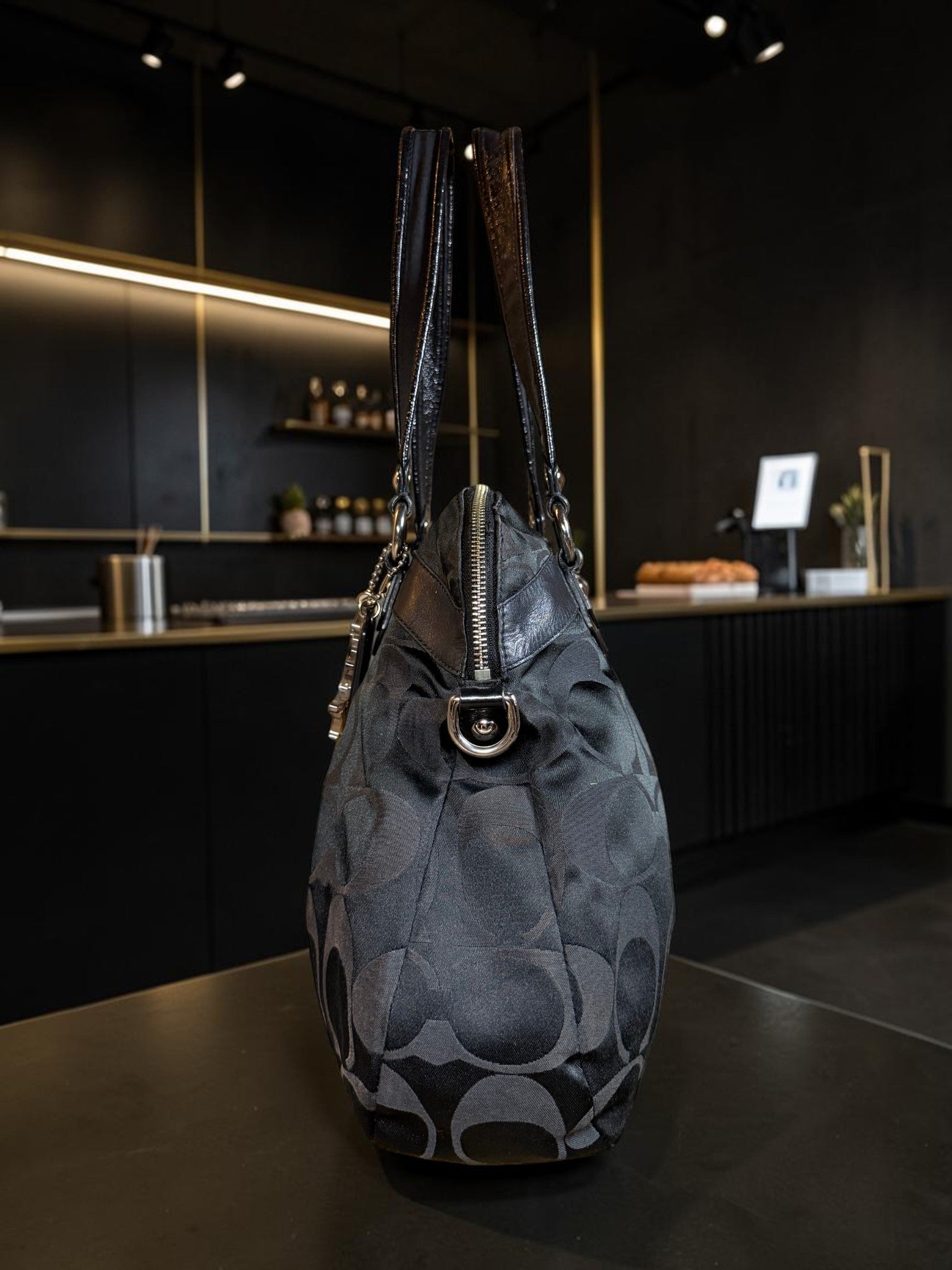 Coach Poppy Glam Tote – Signature Monogram with Black Leather Trim