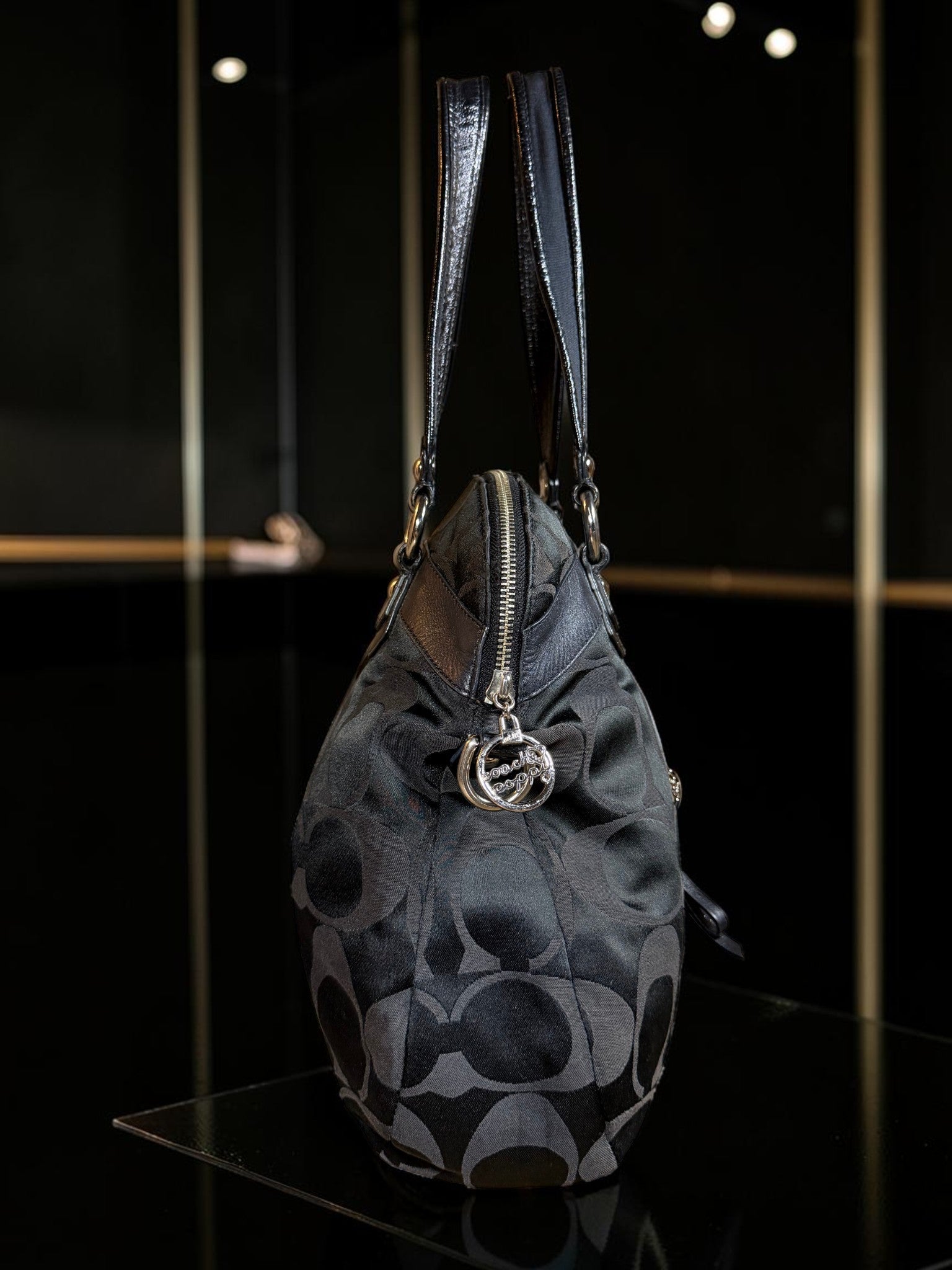 Coach Poppy Glam Tote – Signature Monogram with Black Leather Trim