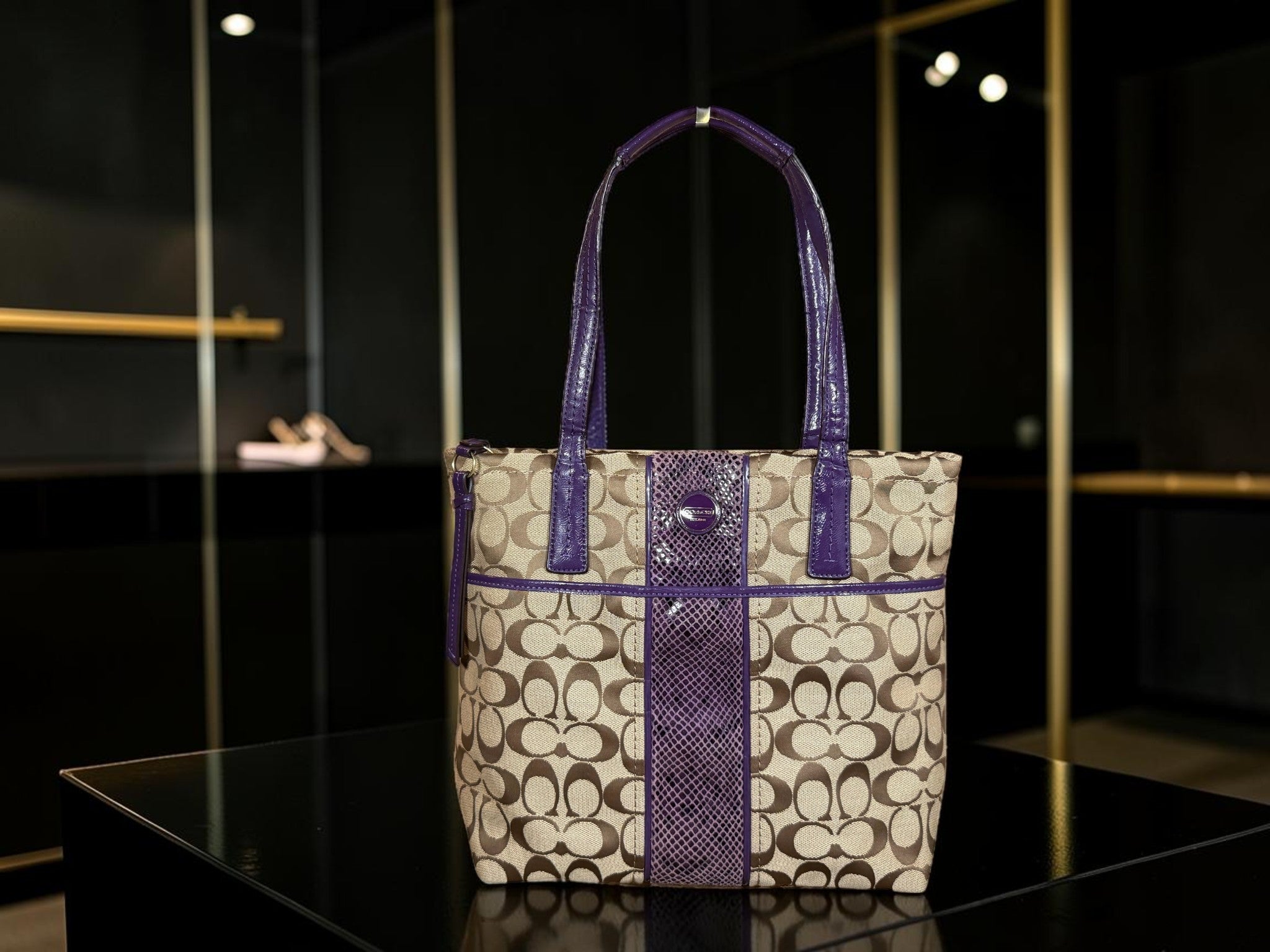 Coach Signature Python Tote – Monogram Canvas with Purple Python Accents