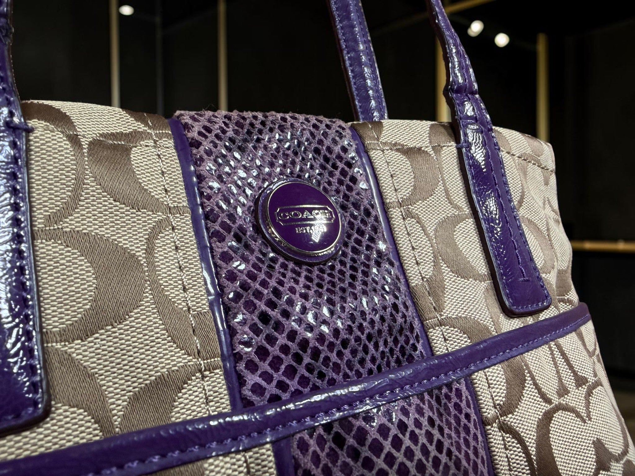Coach Signature Python Tote – Monogram Canvas with Purple Python Accents