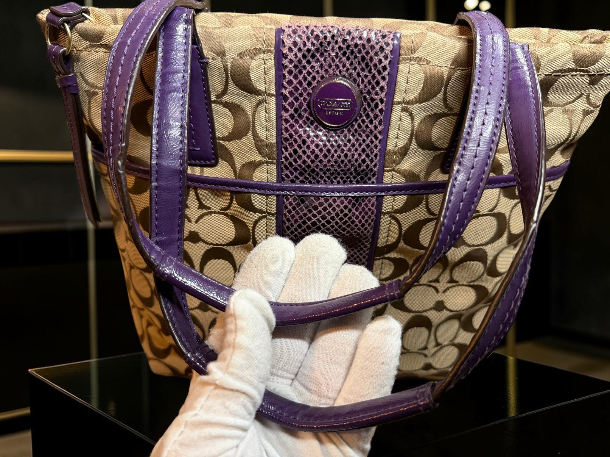Coach Signature Python Tote – Monogram Canvas with Purple Python Accents