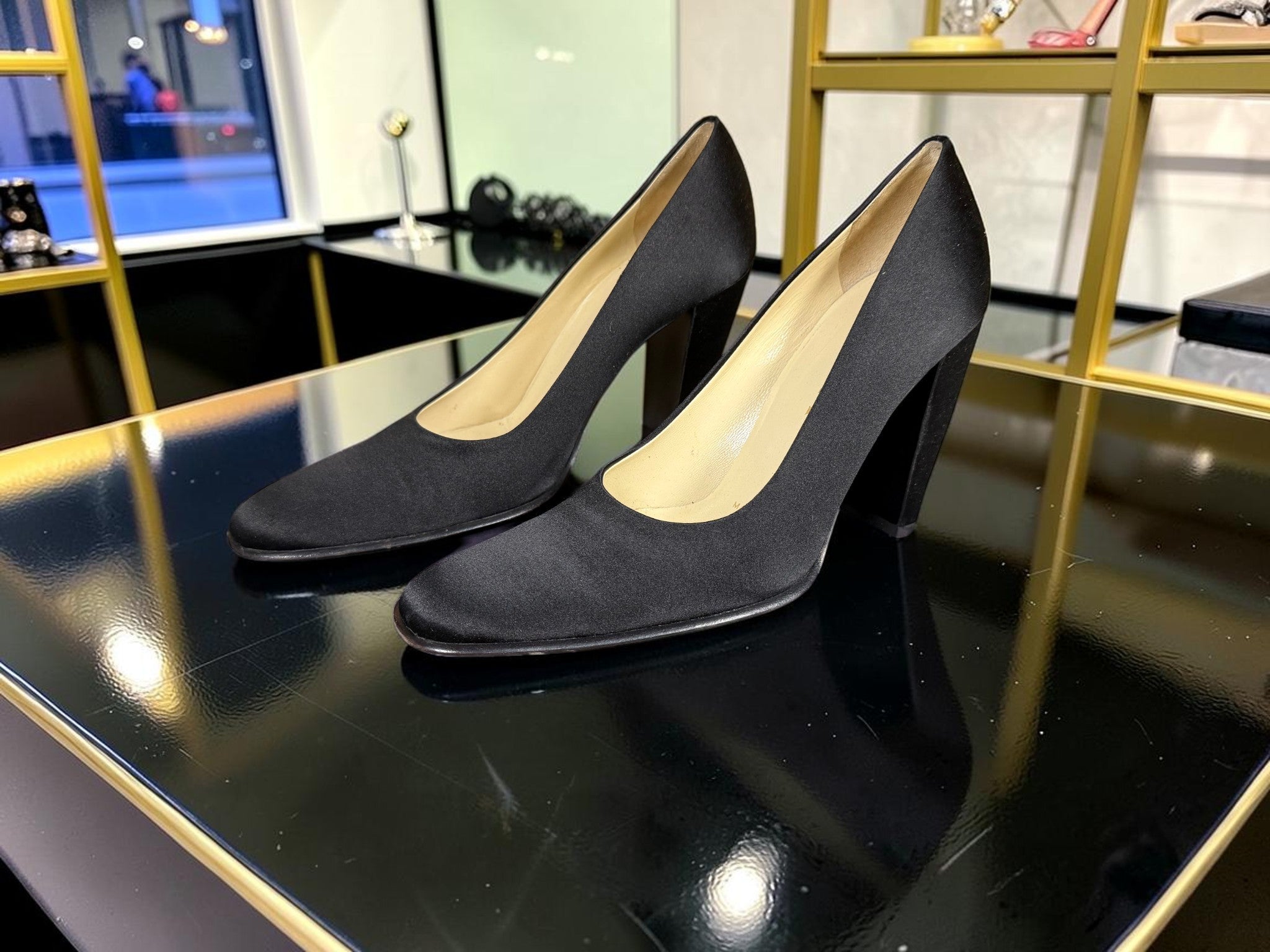 Prada Black Satin Square Toe Block Heel – Size EU 35 / UK 2.5