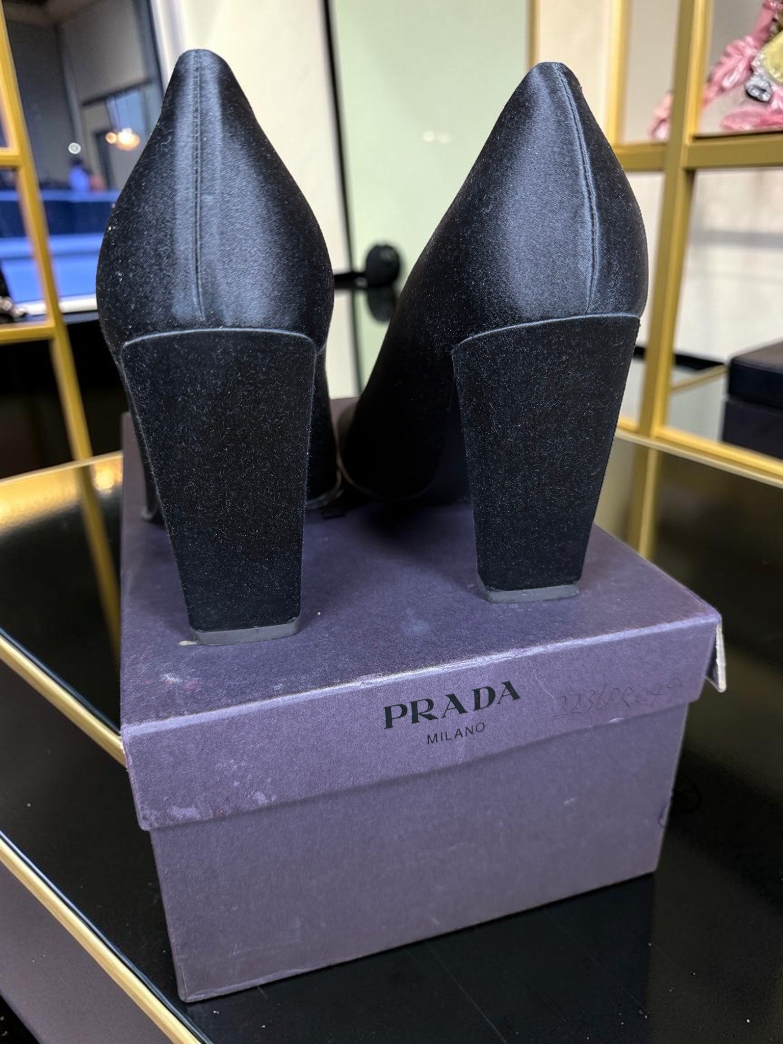 Prada Black Satin Square Toe Block Heel – Size EU 35 / UK 2.5