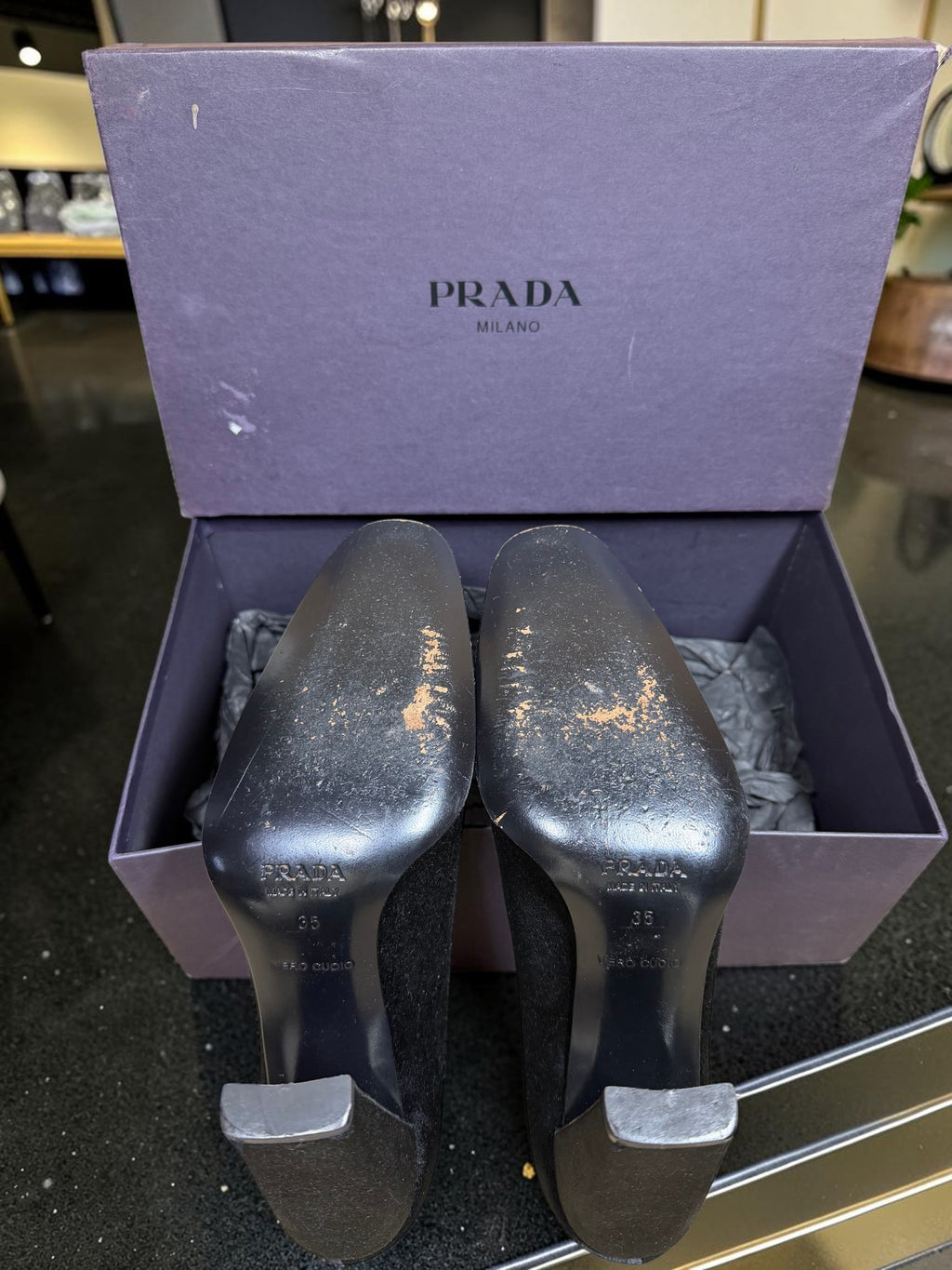 Prada Black Satin Square Toe Block Heel – Size EU 35 / UK 2.5