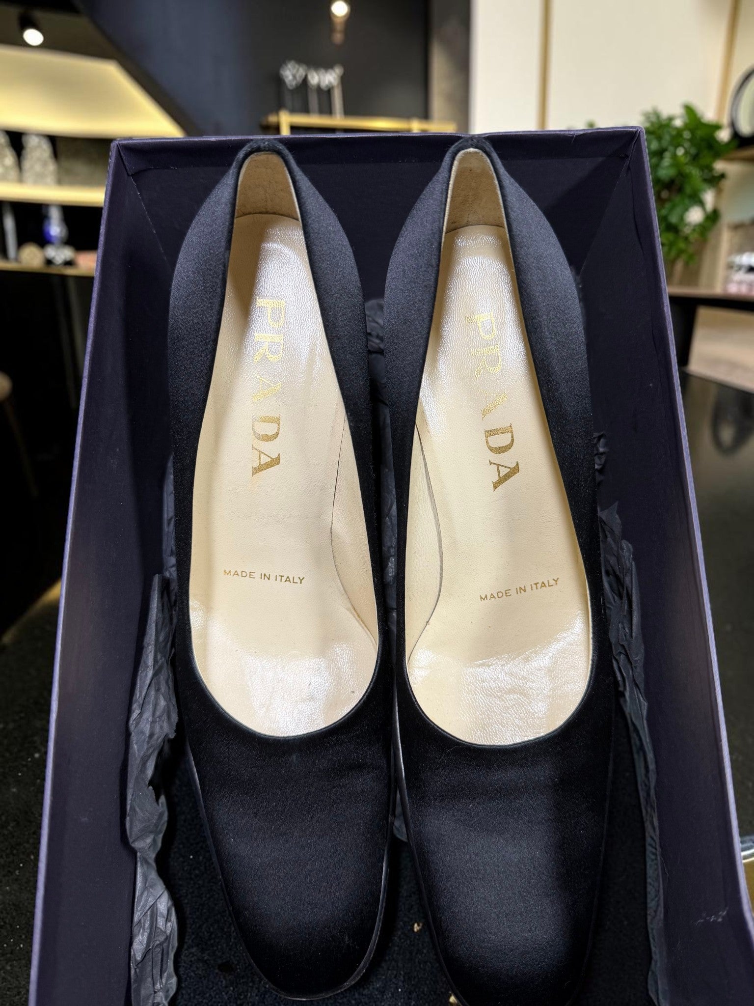 Prada Black Satin Square Toe Block Heel – Size EU 35 / UK 2.5