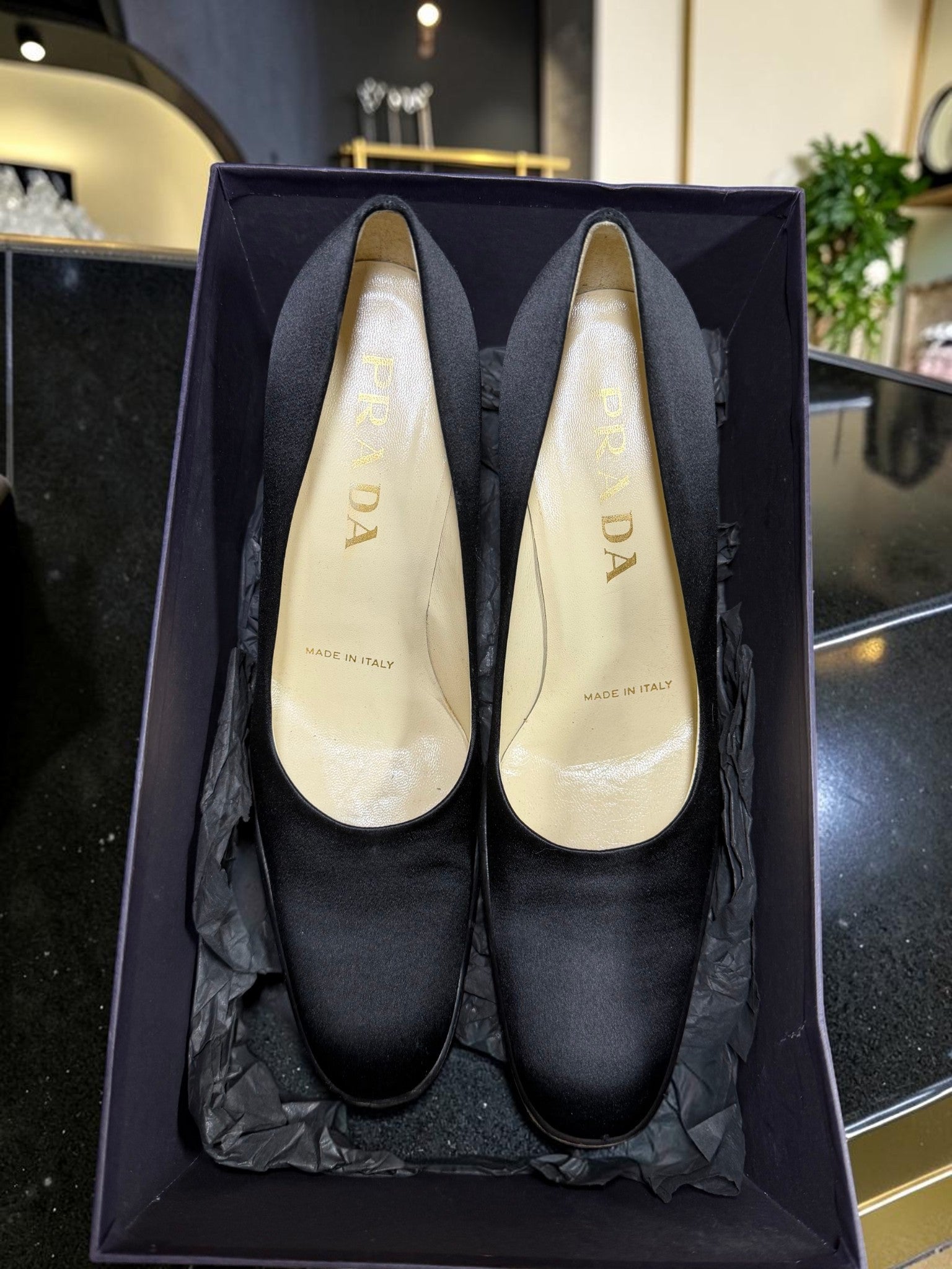 Prada Black Satin Square Toe Block Heel – Size EU 35 / UK 2.5