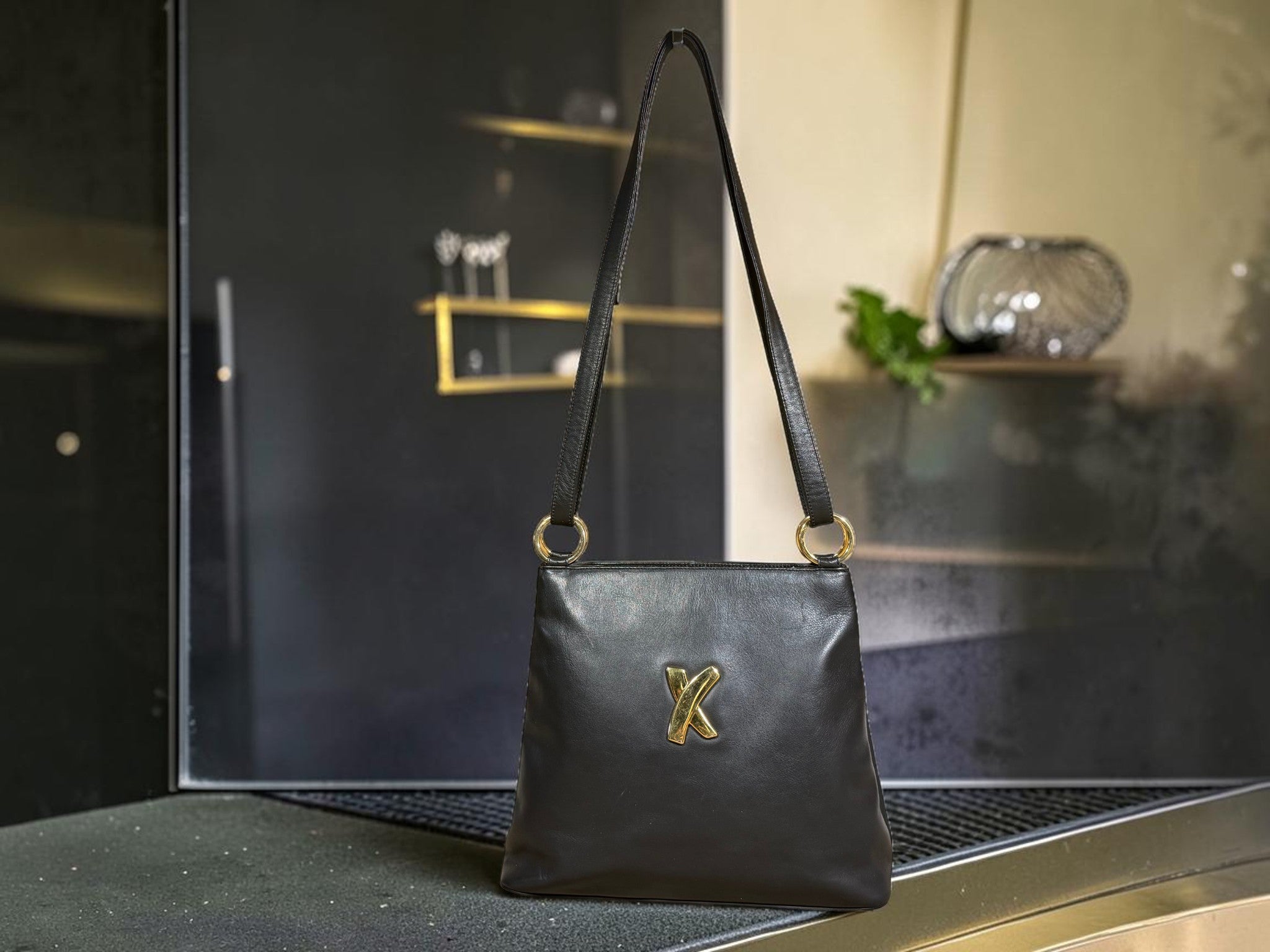 Vintage Paloma Picasso Black Leather Shoulder Bag with Gold "X" Logo (with dustbag and coin purse)