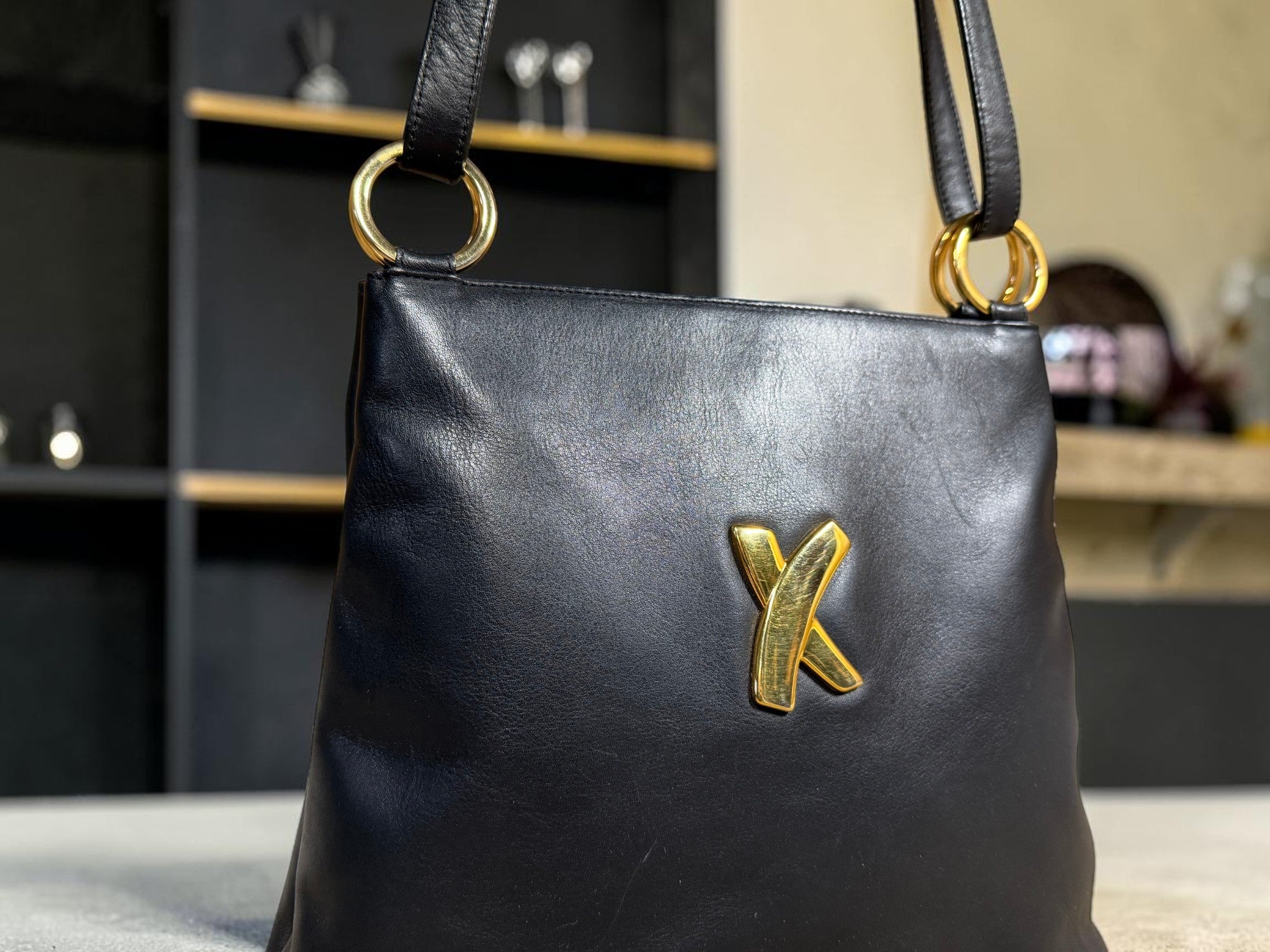 Vintage Paloma Picasso Black Leather Shoulder Bag with Gold "X" Logo (with dustbag and coin purse)