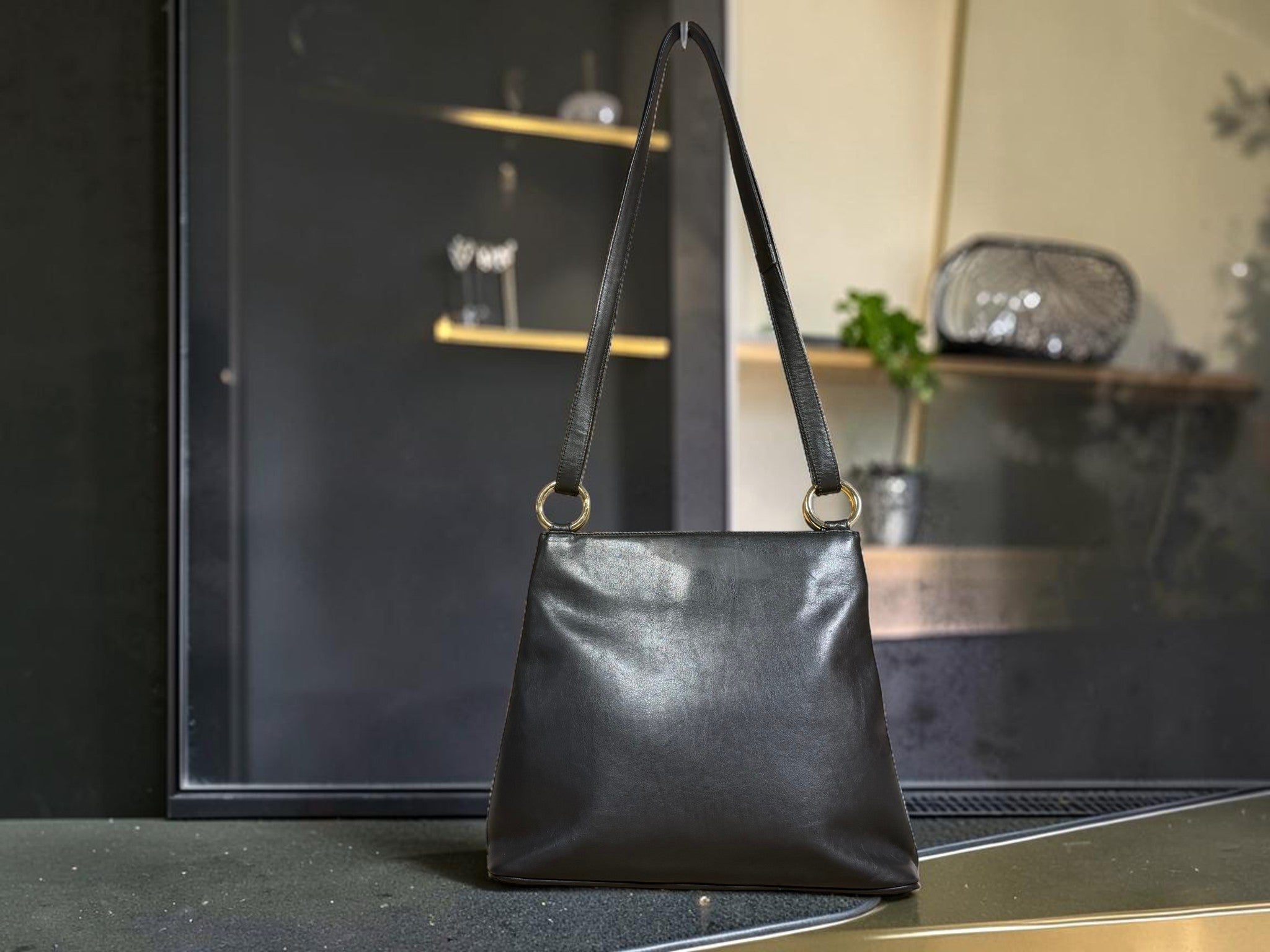 Vintage Paloma Picasso Black Leather Shoulder Bag with Gold "X" Logo (with dustbag and coin purse)