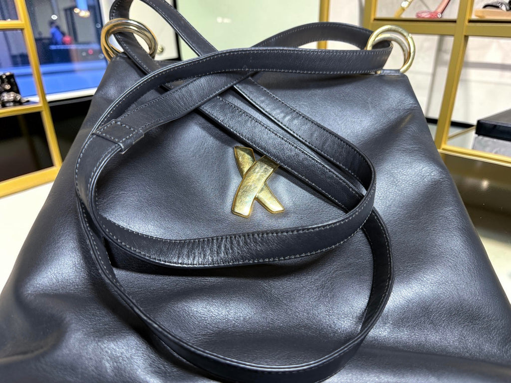 Vintage Paloma Picasso Black Leather Shoulder Bag with Gold "X" Logo (with dustbag and coin purse)