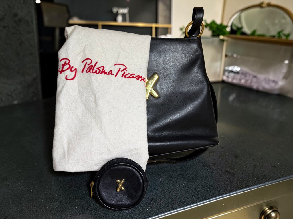 Vintage Paloma Picasso Black Leather Shoulder Bag with Gold "X" Logo (with dustbag and coin purse)