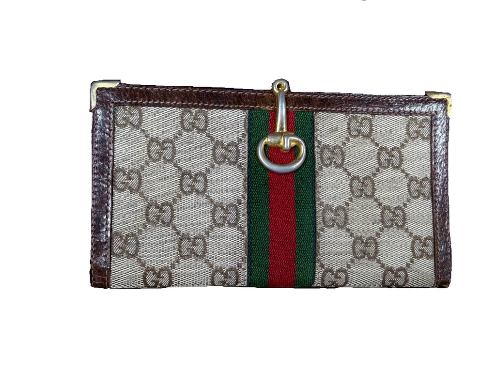 Vintage Gucci Brown Leather monogram canvas Wallet organiser G.Gucci Horsebit Clasp