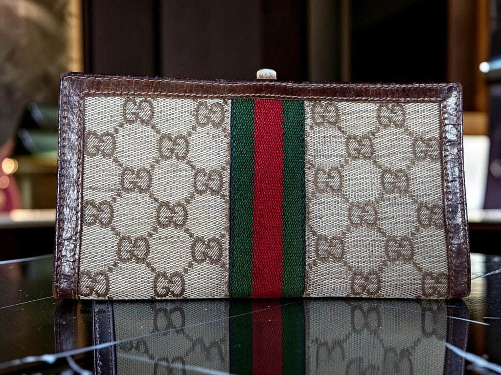 Vintage Gucci Brown Leather monogram canvas Wallet organiser G.Gucci Horsebit Clasp