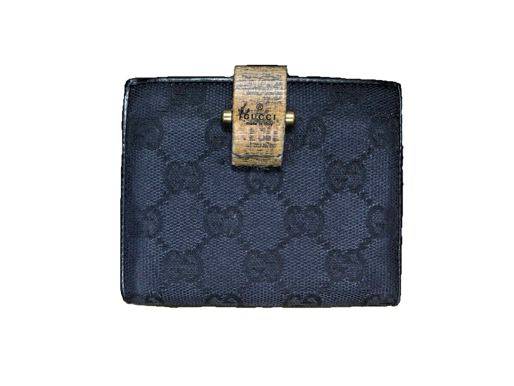 Rare Vintage Gucci GG Supreme Monogram Canvas Bifold Wallet with Wooden clasp