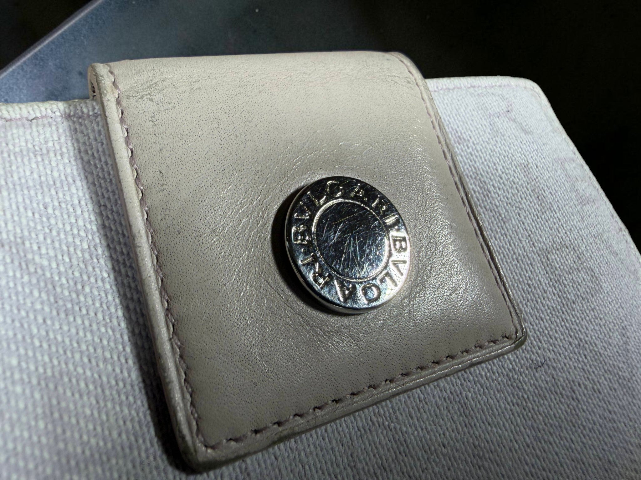 Bvlgari Logomania Compact Wallet – Mauve Canvas with Logo Button