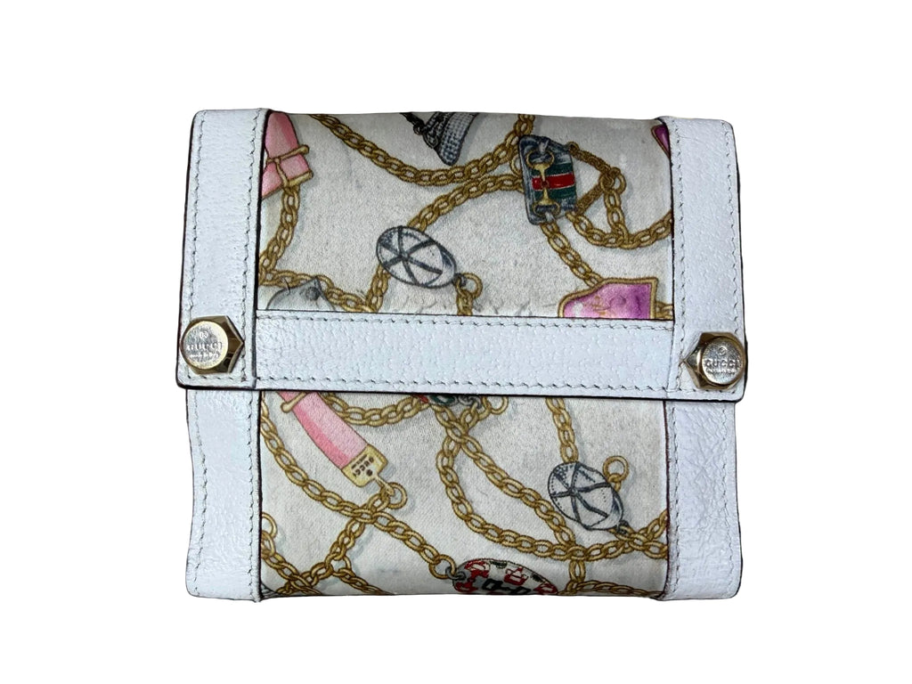 Gucci Charmy Chains Satin equestrian Print Compact Wallet  White Satin and leather