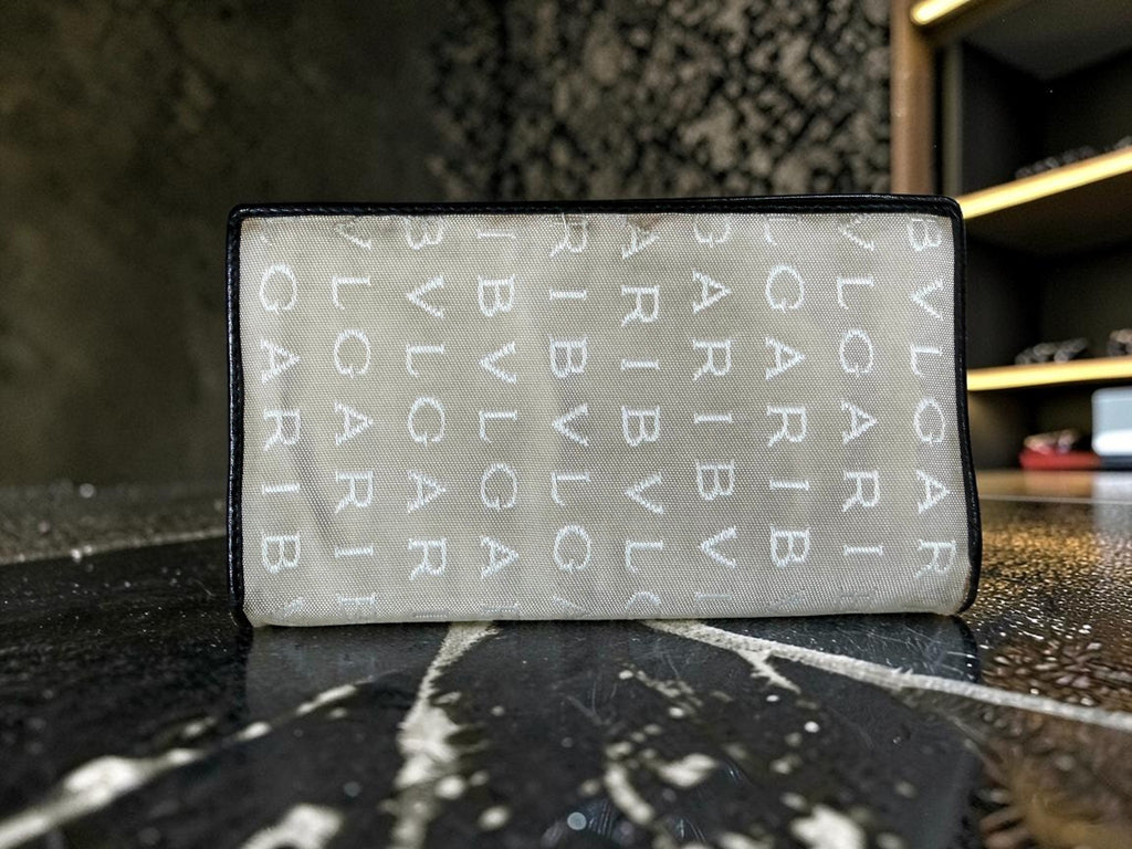 Bvlgari Logomania off white Canvas and Black Pebbled Leather Long Wallet