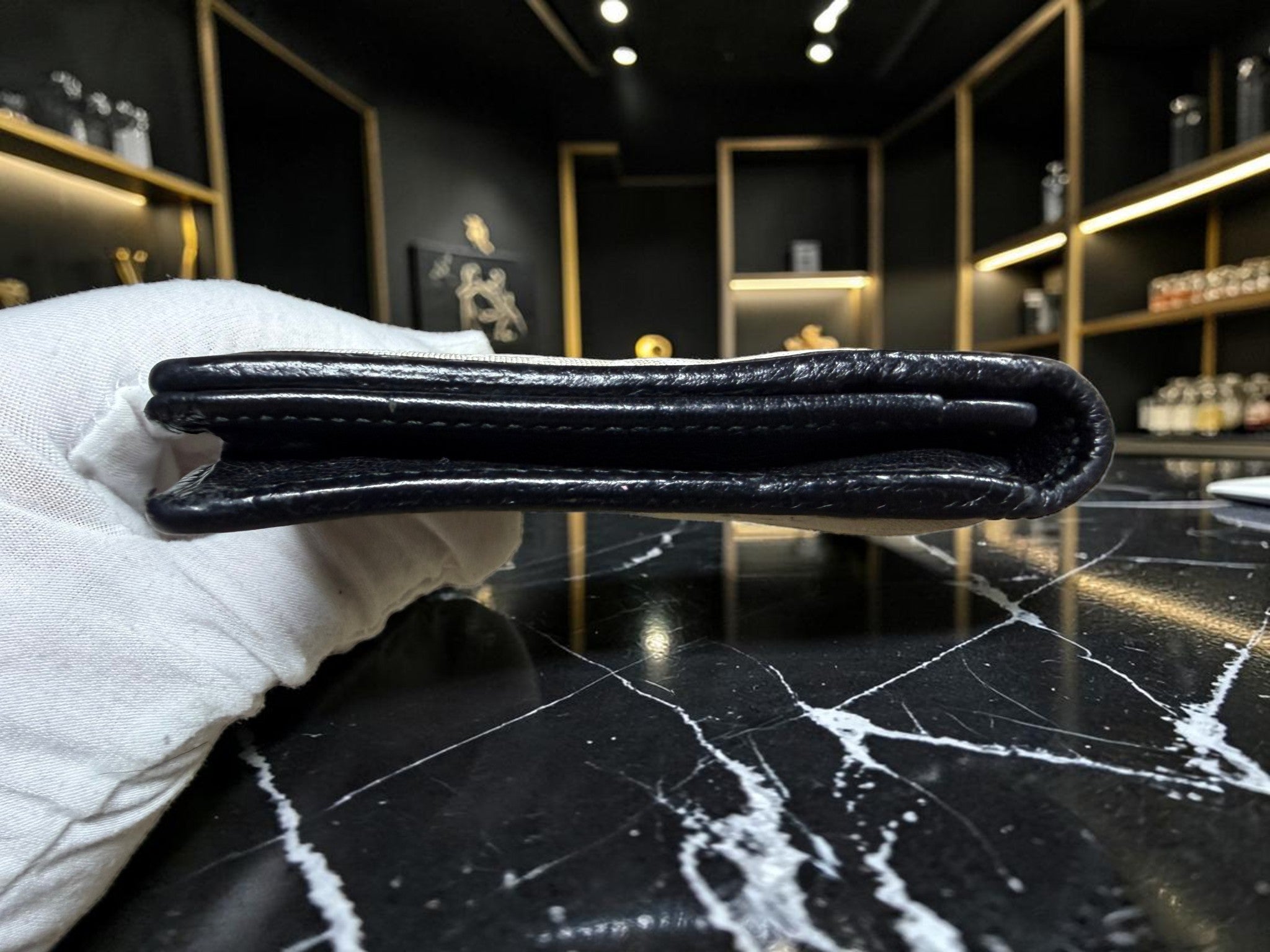 Bvlgari Logomania off white Canvas and Black Pebbled Leather Long Wallet