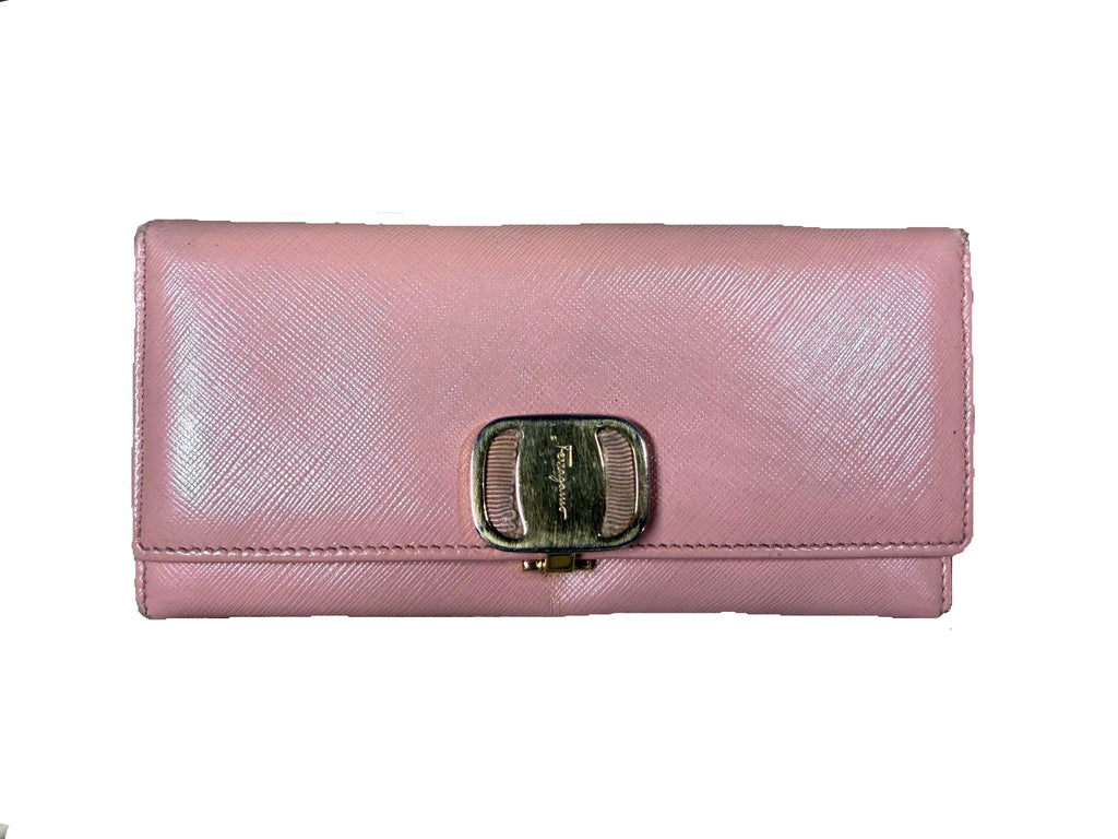 Salvatore Ferragamo Pink Leather Long Wallet purse gold Bow Buckle