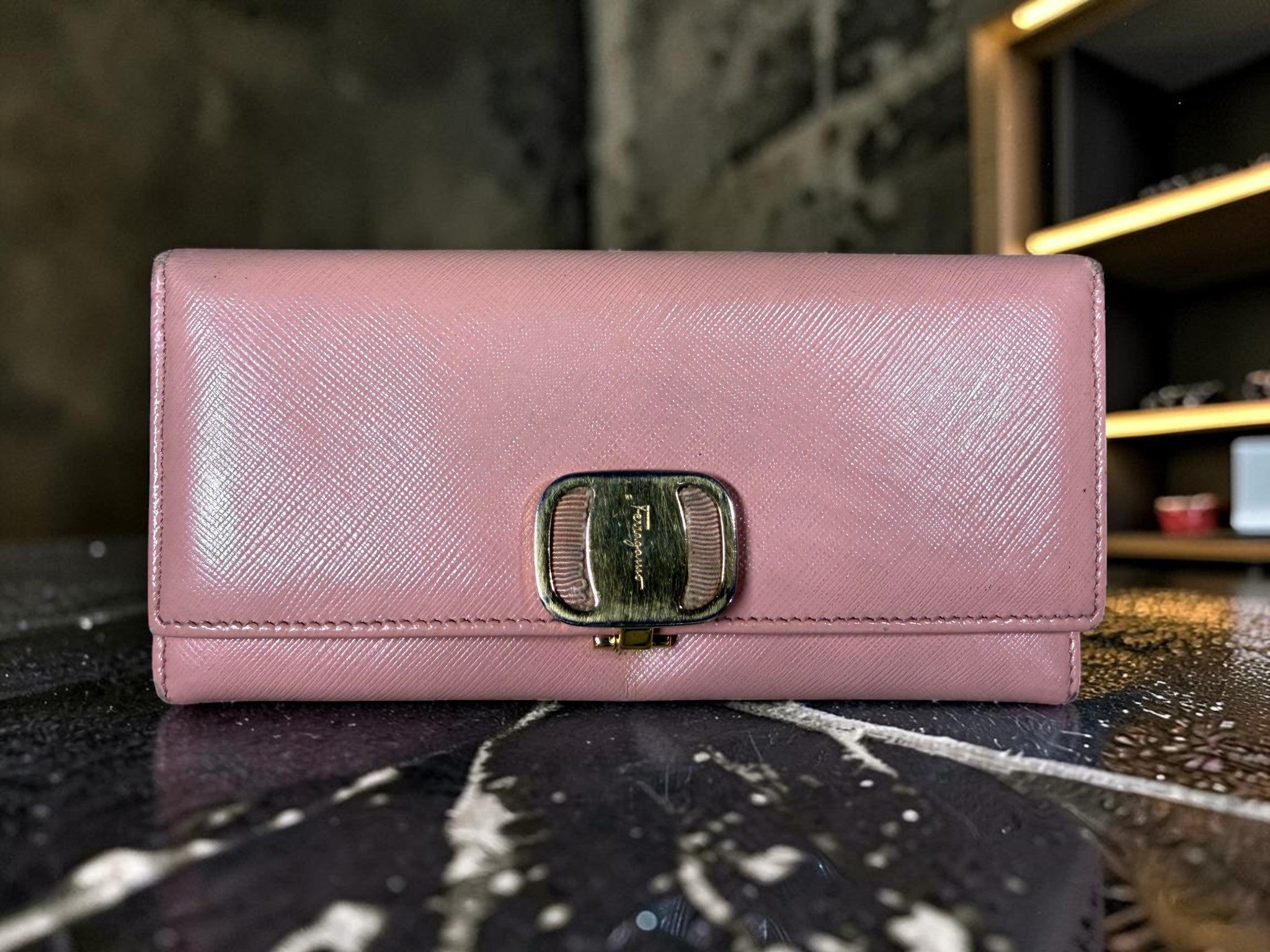 Salvatore Ferragamo Pink Saffiano Leather Long Wallet with Vara Bow Buckle