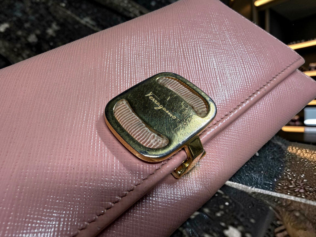 Salvatore Ferragamo Pink Leather Long Wallet purse gold Bow Buckle