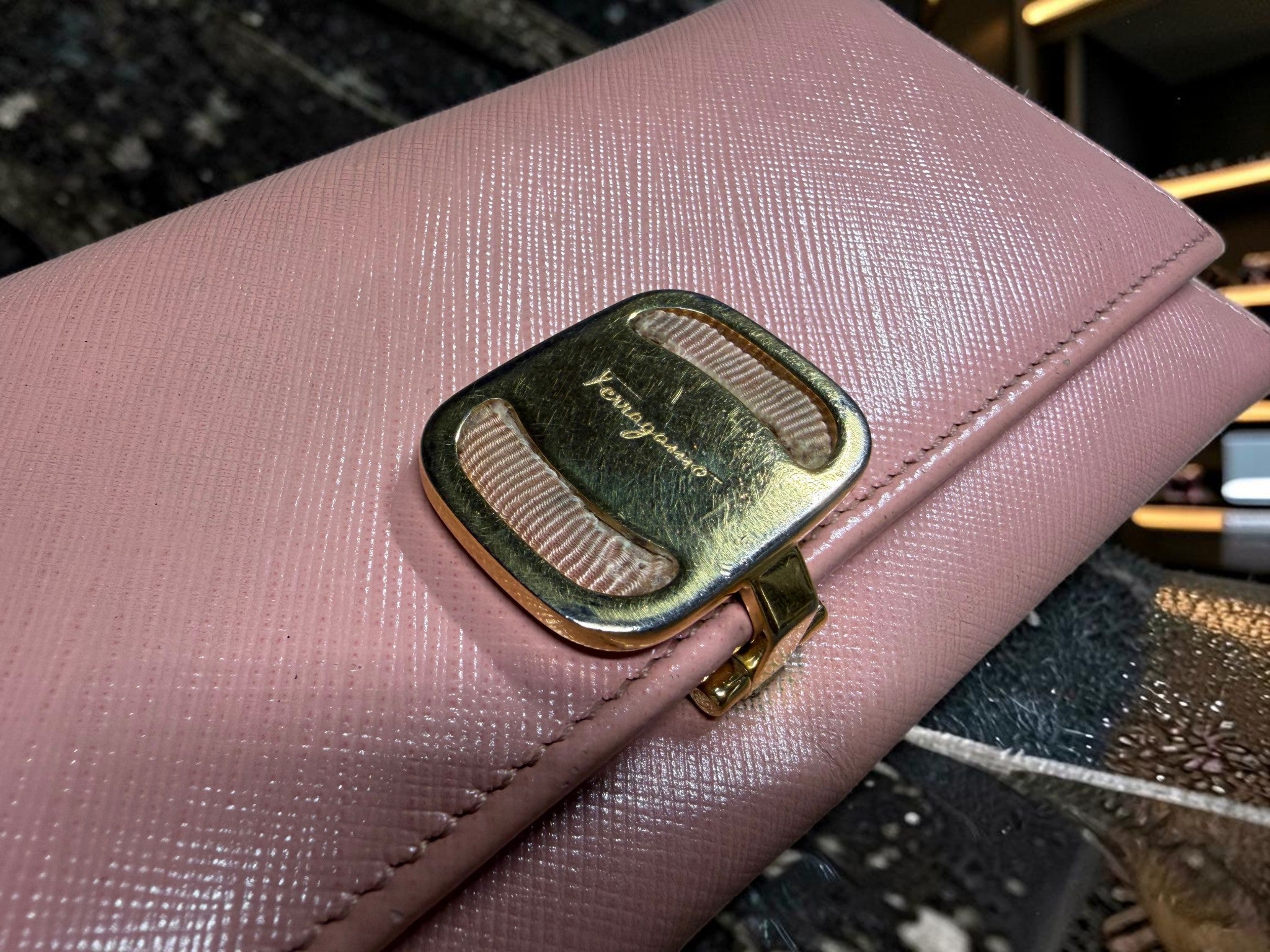 Salvatore Ferragamo Pink Saffiano Leather Long Wallet with Vara Bow Buckle