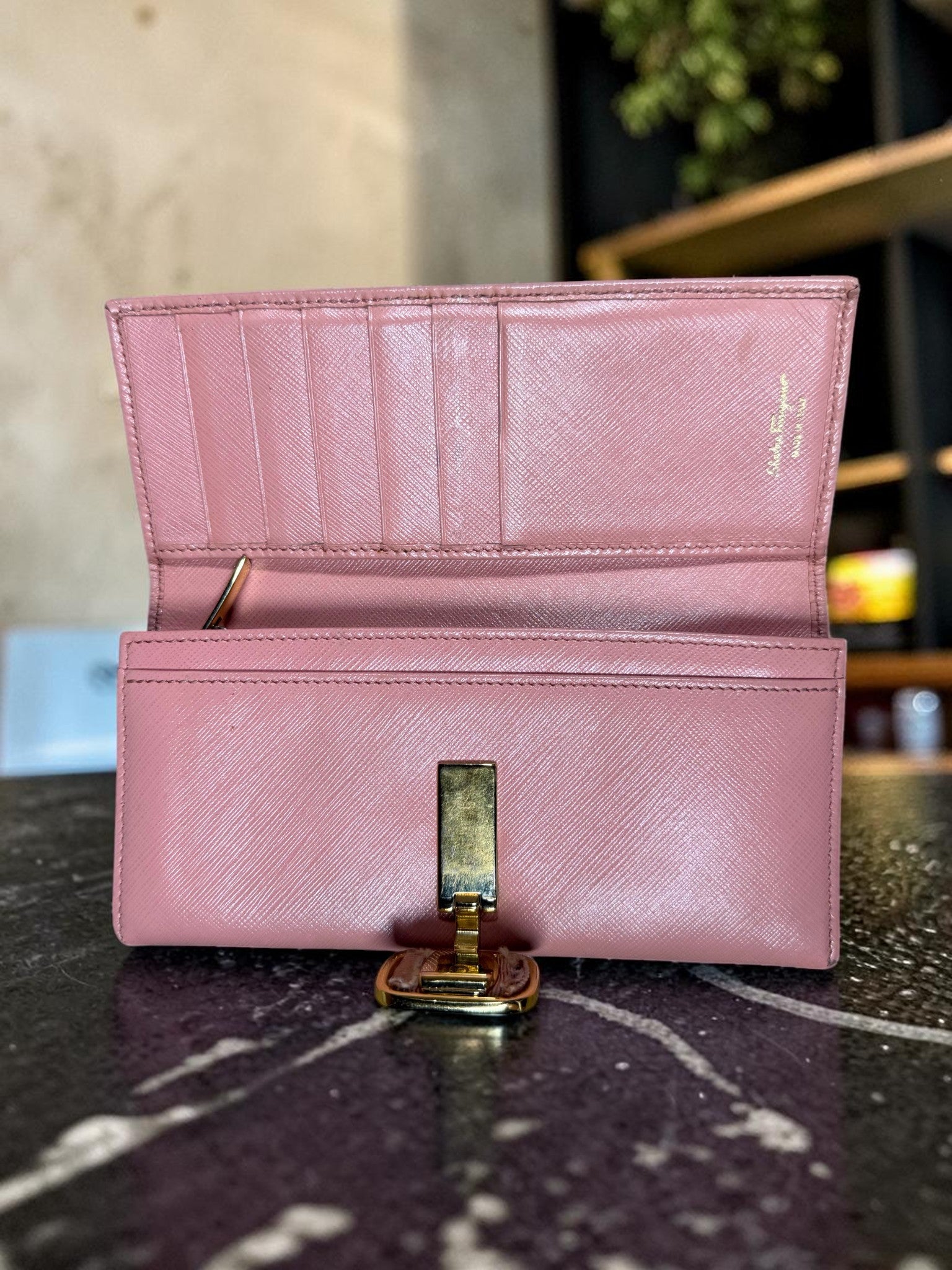 Salvatore Ferragamo Pink Saffiano Leather Long Wallet with Vara Bow Buckle