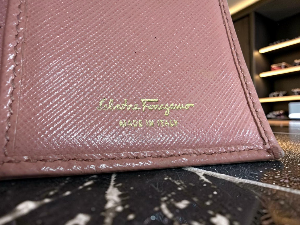 Salvatore Ferragamo Pink Leather Long Wallet purse gold Bow Buckle