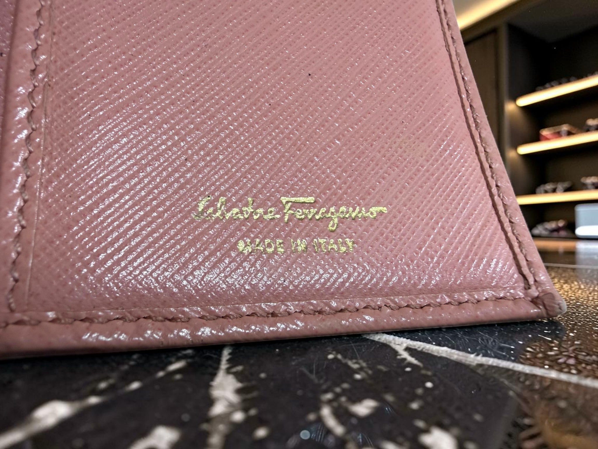 Salvatore Ferragamo Pink Leather Long Wallet purse gold Bow Buckle