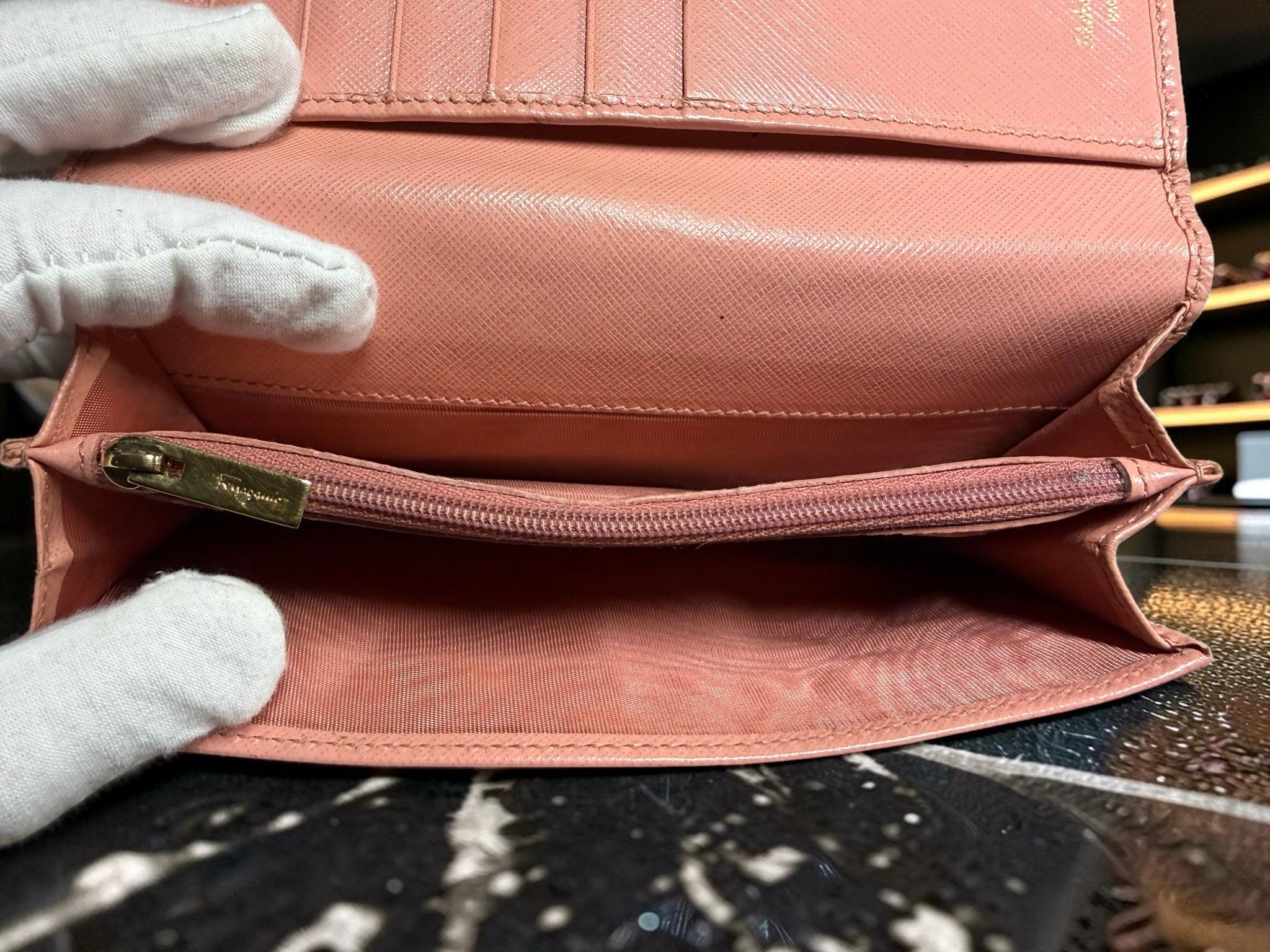 Salvatore Ferragamo Pink Leather Long Wallet purse gold Bow Buckle