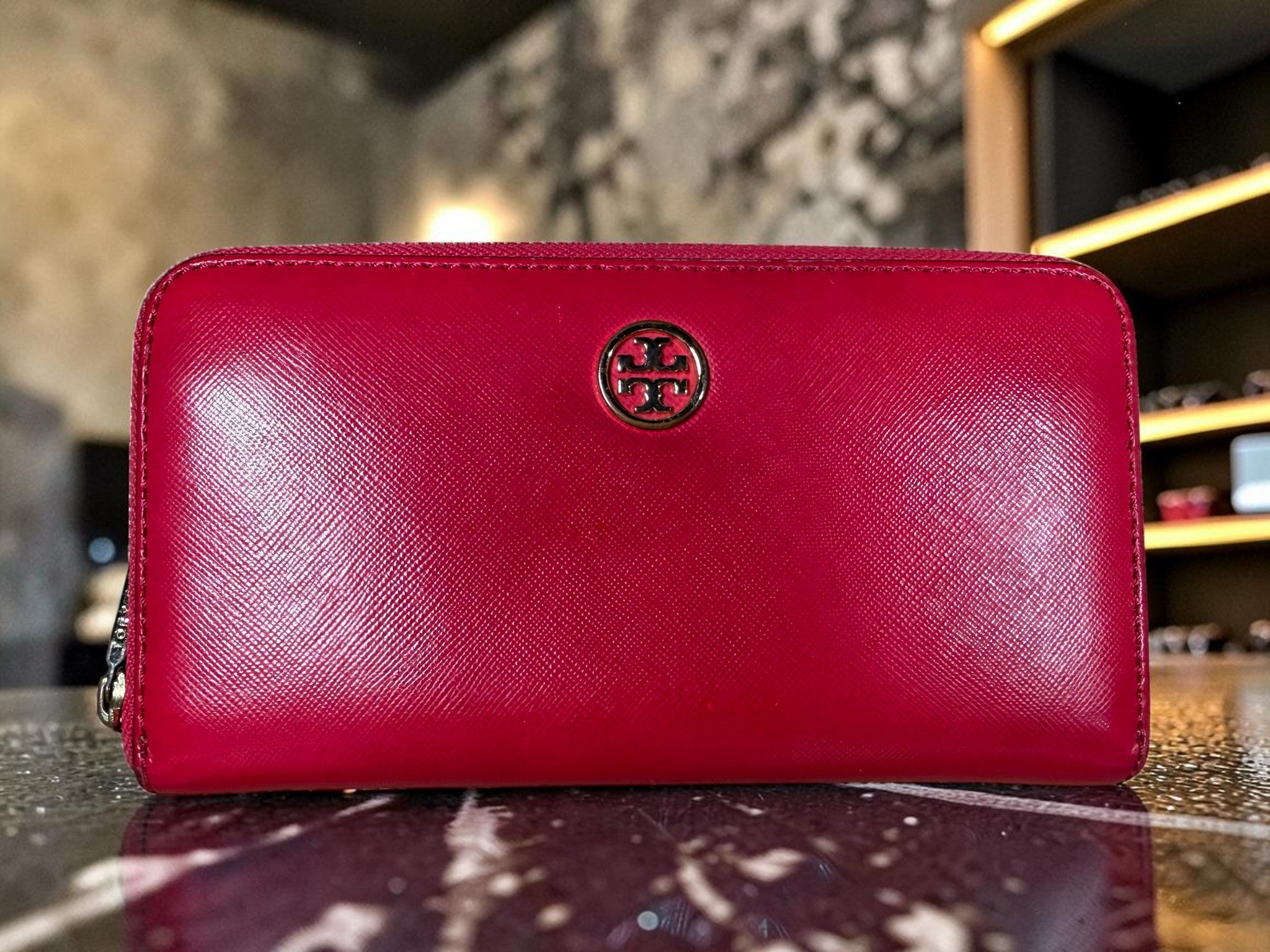 Tory Burch Red Leather Robinson Zip-Around Continental Wallet