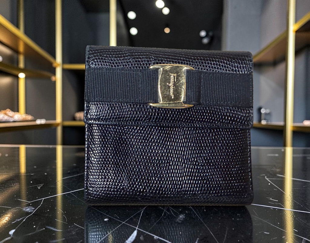 Salvatore Ferragamo Vara Bow Black Lizard-Embossed Leather Compact Wallet