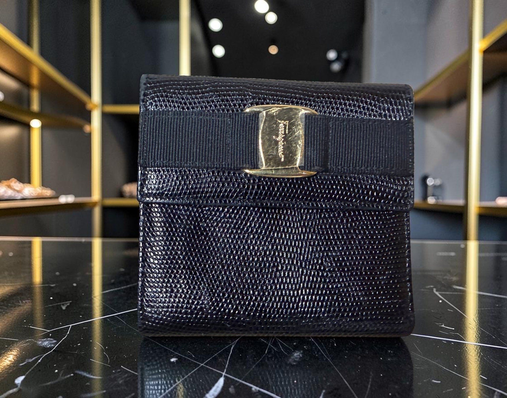 Salvatore Ferragamo Vara Bow Black Lizard-Embossed Leather Compact Wallet